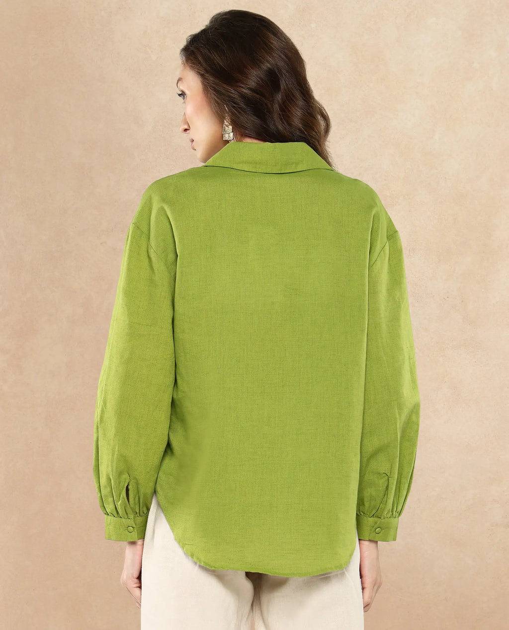 Rareism Women's Lureno Light Olive Cotton Blend Spread Collar Plain Cuffed Sleeve Regular Fit Top