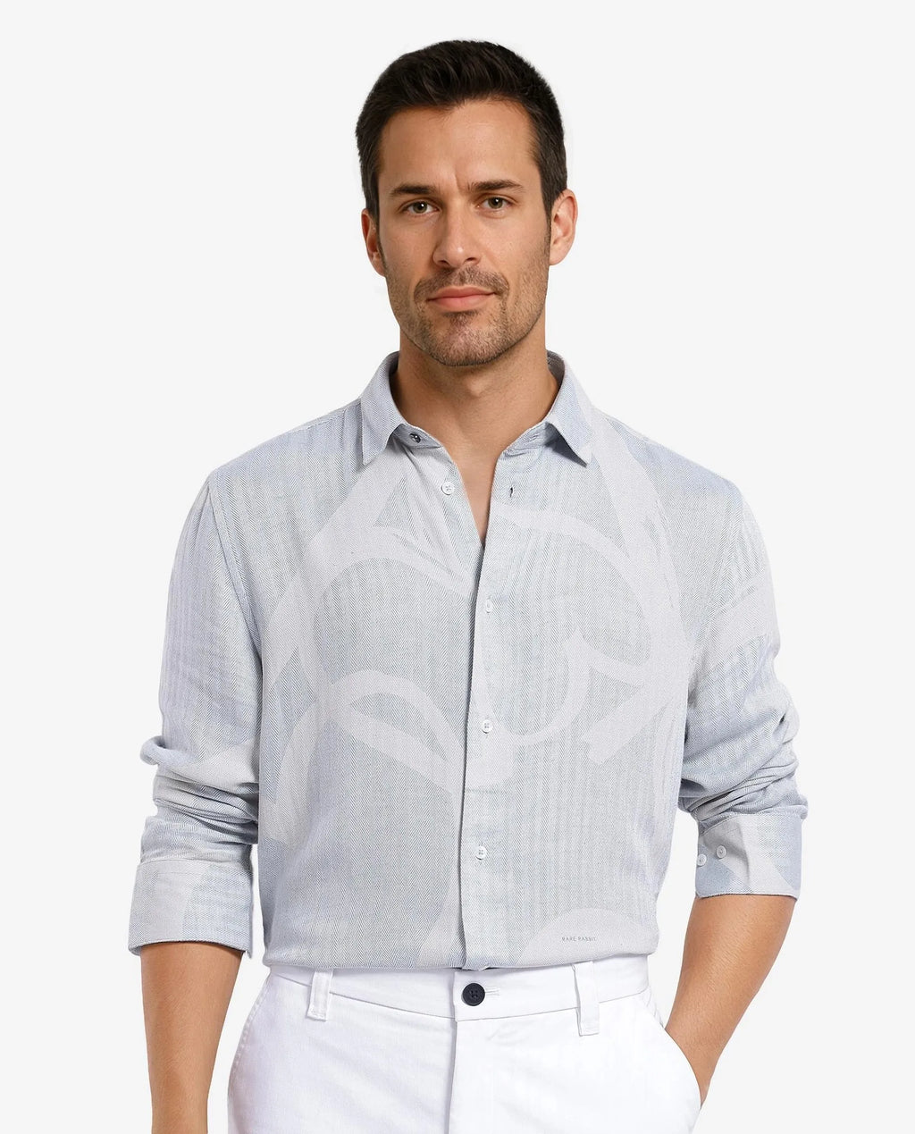 Rare Rabbit Men's Lusia-1 Off White Linen Blend Jacquard Regular Fit Full Sleeve Collared Shirt