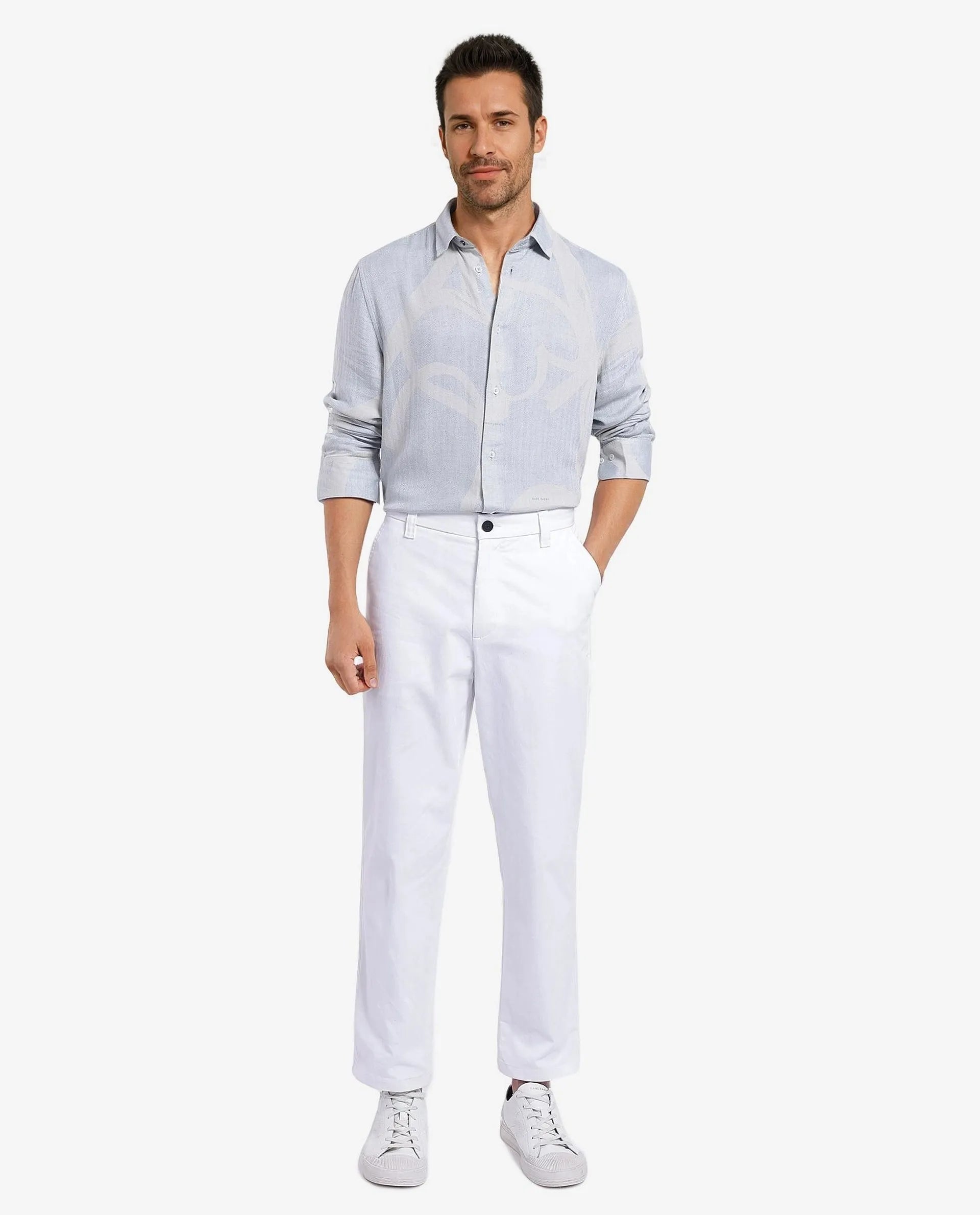 Rare Rabbit Men's Lusia-1 Off White Linen Blend Jacquard Regular Fit Full Sleeve Collared Shirt