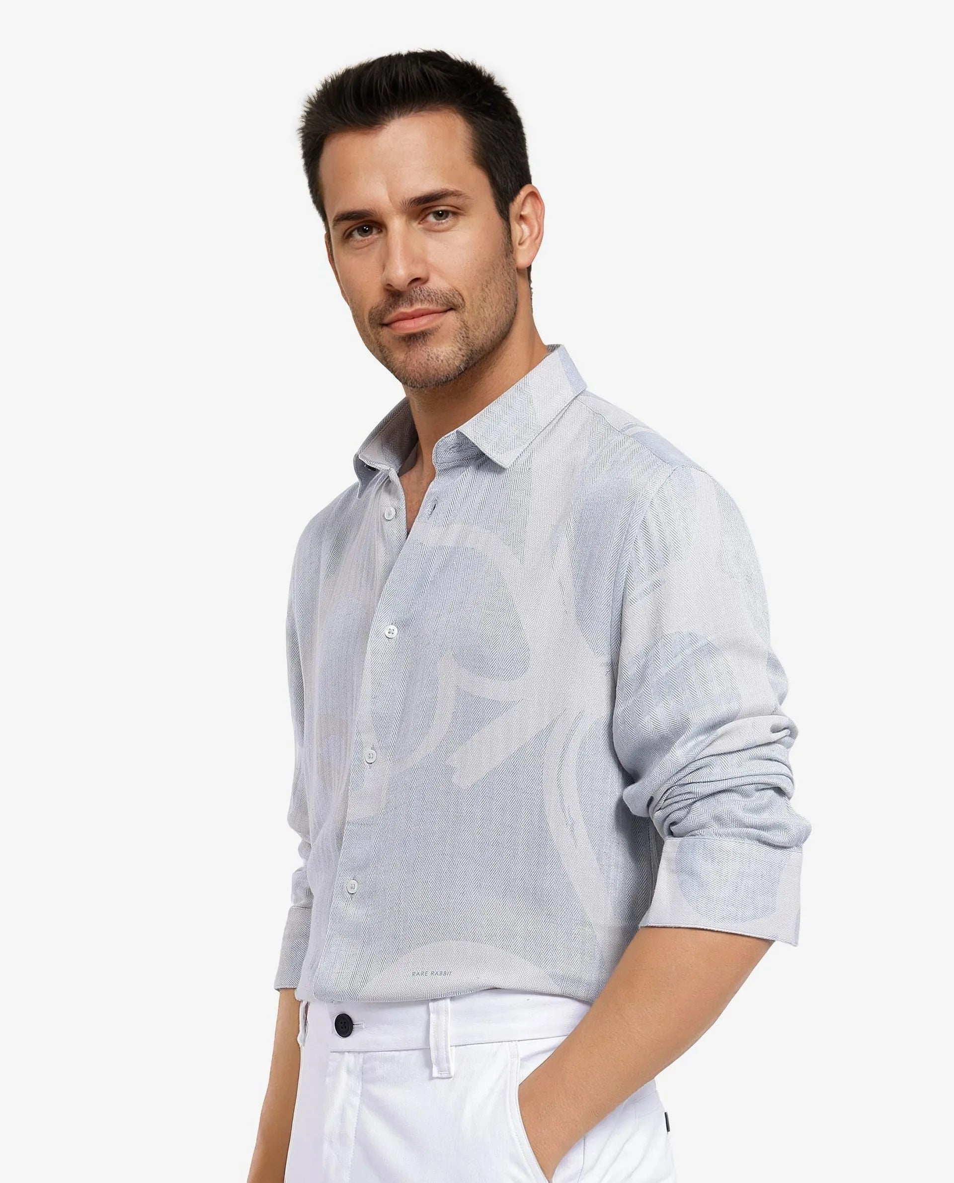 Rare Rabbit Men's Lusia-1 Off White Linen Blend Jacquard Regular Fit Full Sleeve Collared Shirt