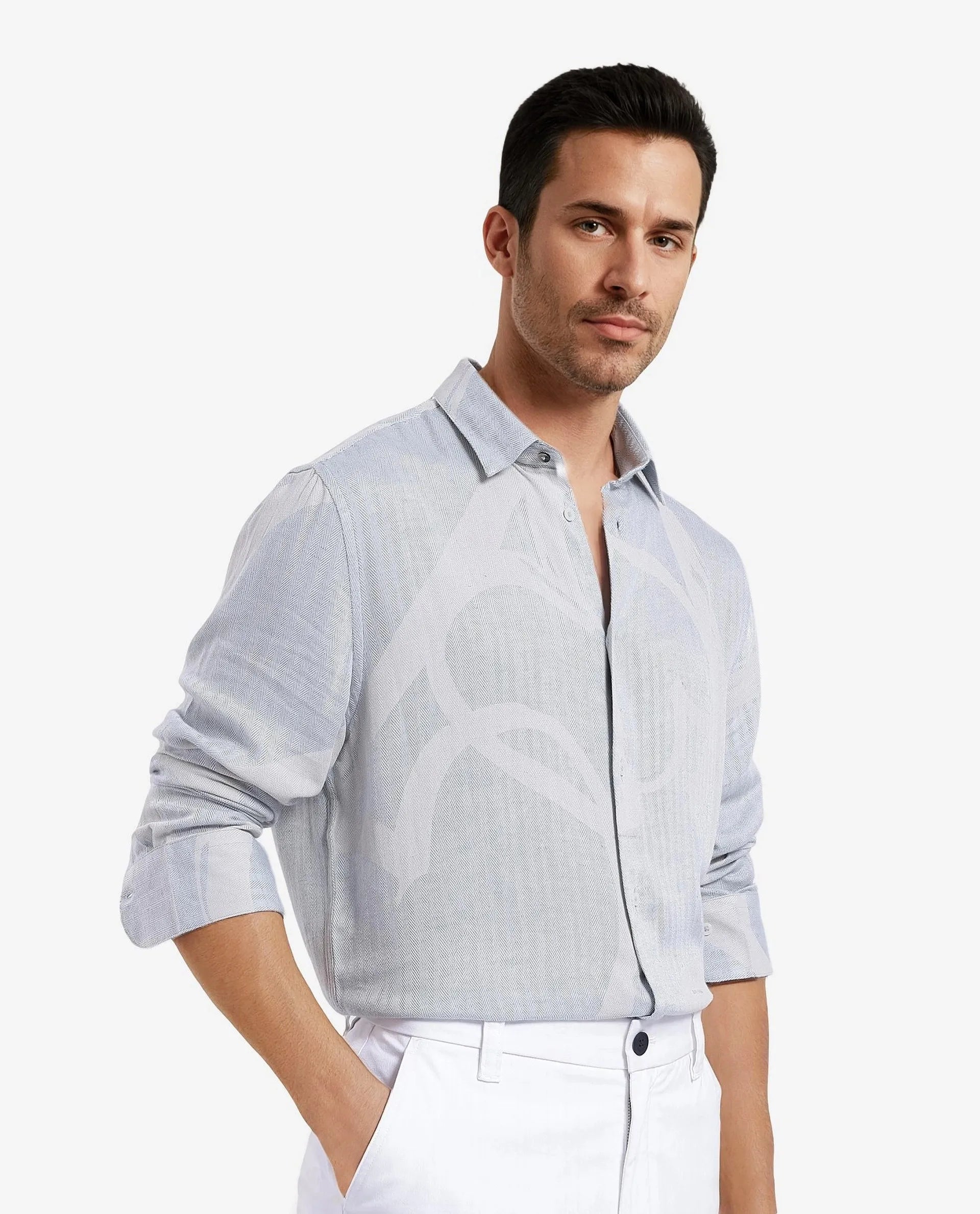 Rare Rabbit Men's Lusia-1 Off White Linen Blend Jacquard Regular Fit Full Sleeve Collared Shirt