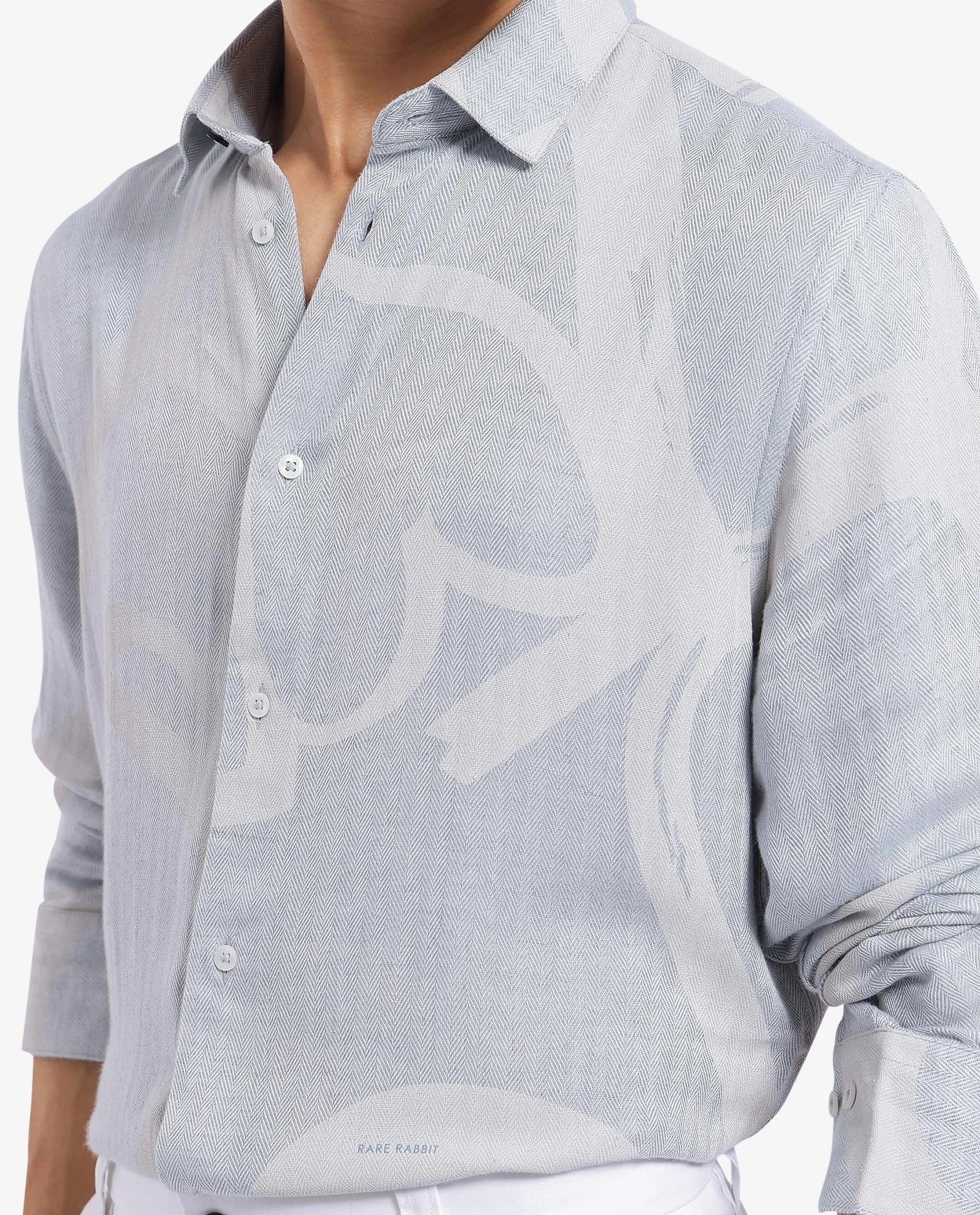 Rare Rabbit Men's Lusia-1 Off White Linen Blend Jacquard Regular Fit Full Sleeve Collared Shirt
