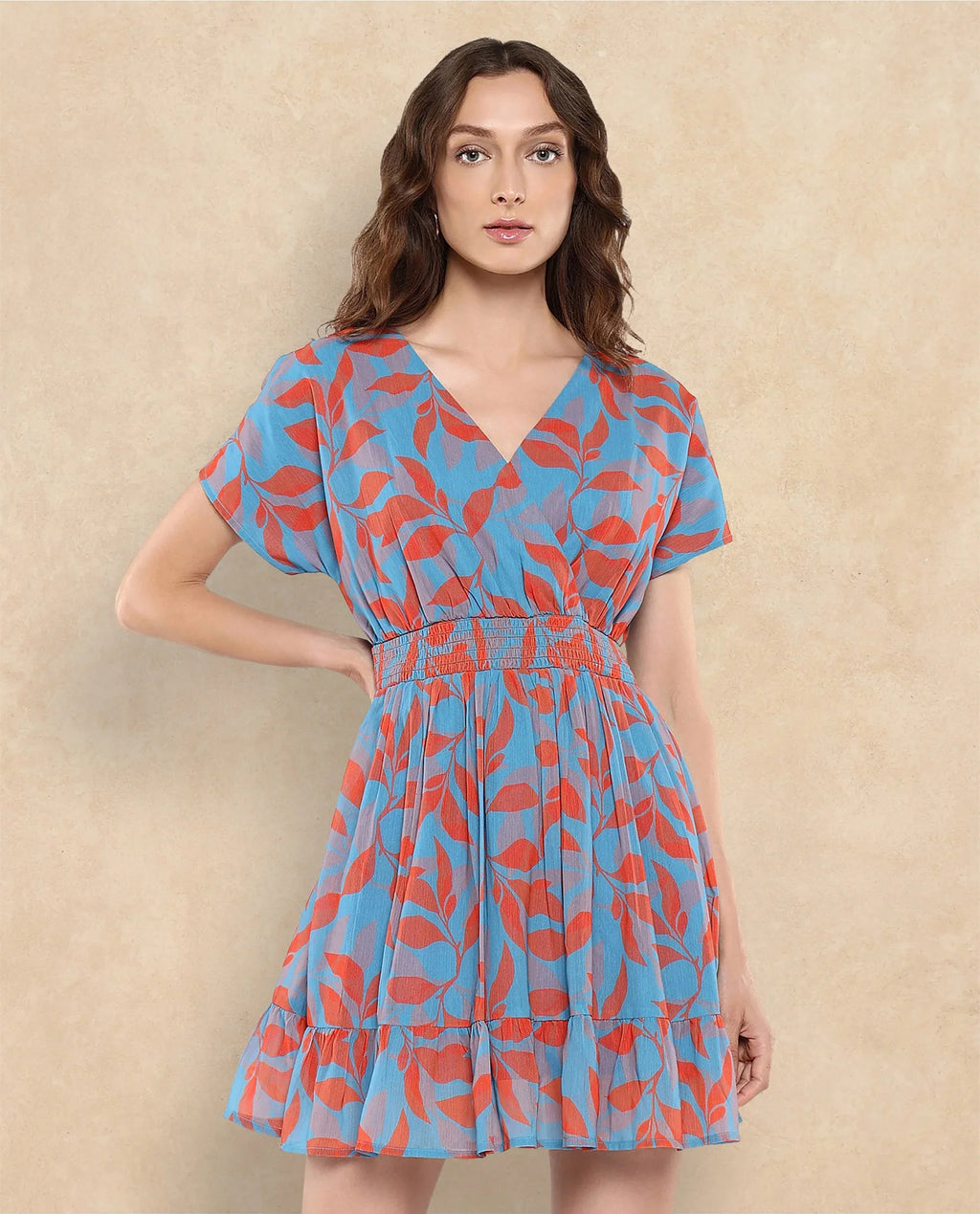 Rareism Women's Luzy Multi Cotton Blend V-Neck Abstract Print Extended Sleeves Knee Length Fit And Flare Dress