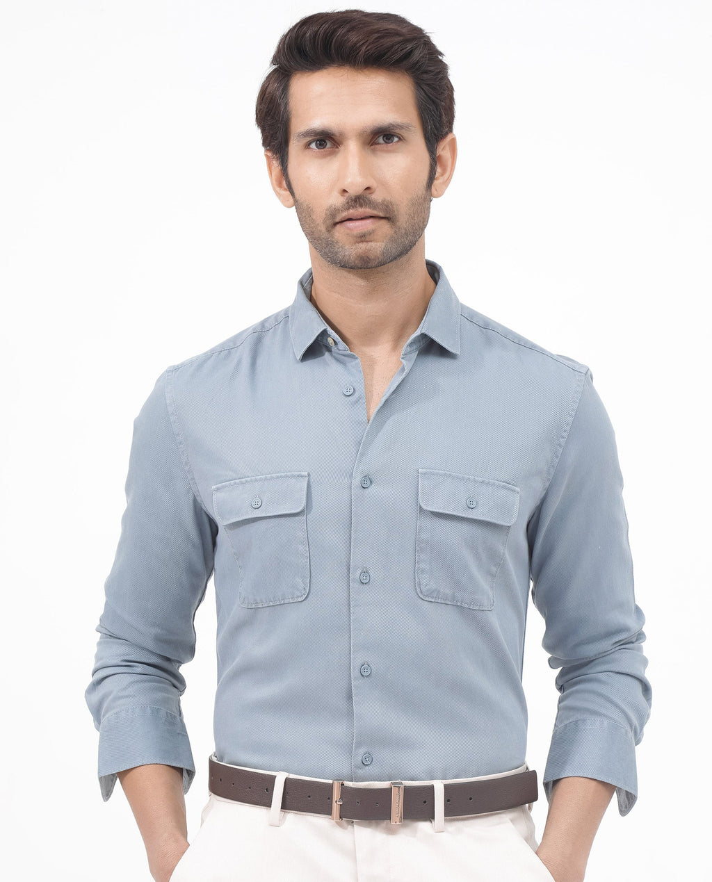 Rare Rabbit Men's Lyton-2 Dusky Blue Cotton Plain Regular Fit Full Sleeve Collared Shirt