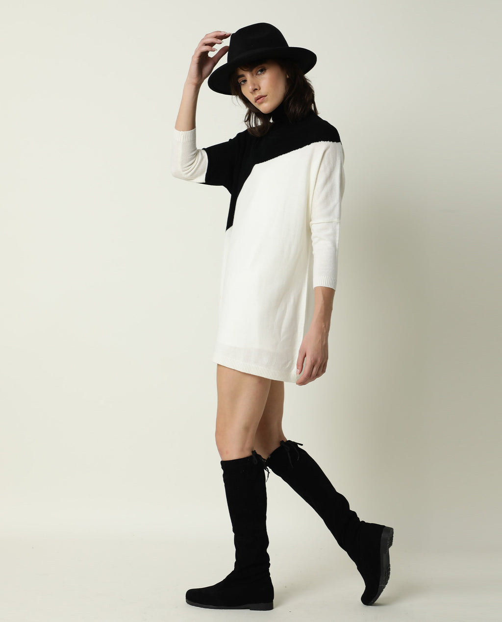 Rareism Women's Spaton Black Acrylic High Neck Color Block Knee Length Regular Fit Sweater