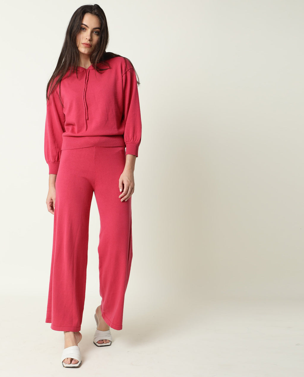 Rareism Women's Finn Light Pink Cotton Hooded Plain Knee Length Straight Fit Track Suit