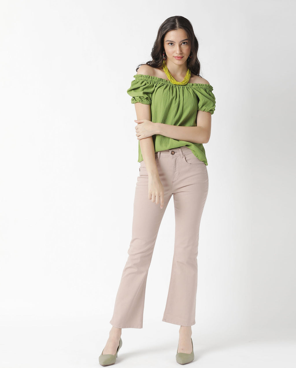 Rareism Women's Swag Green Cotton Blend Square Neck Plain Tailored Top