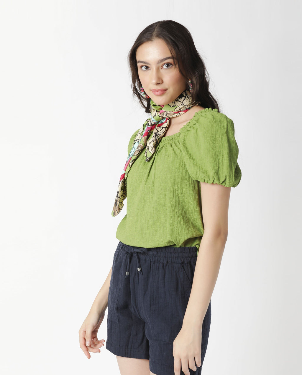 Rareism Women's Swag Green Cotton Blend Square Neck Plain Tailored Top