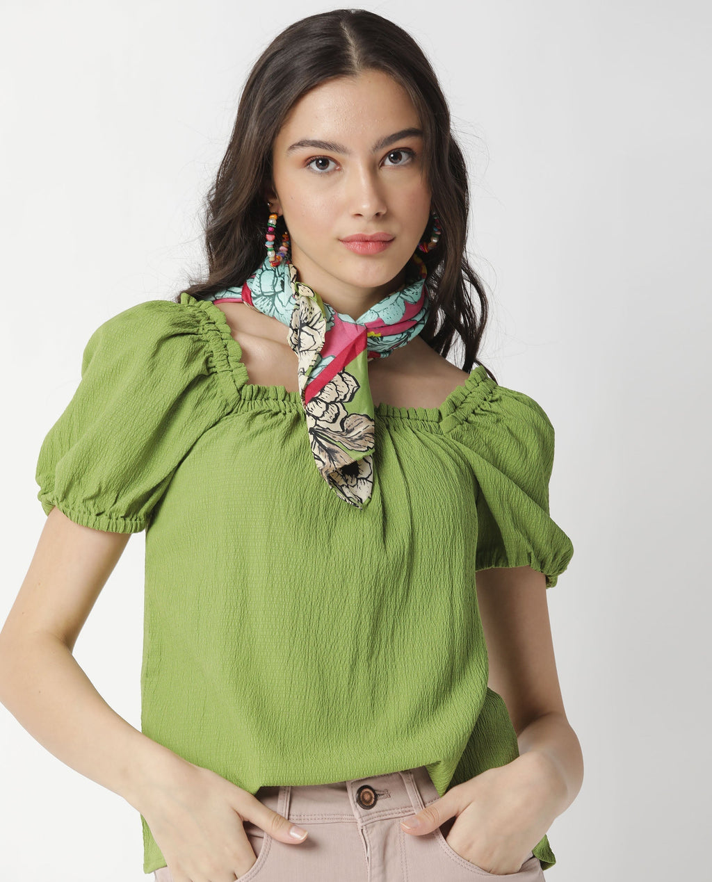Rareism Women's Swag Green Cotton Blend Square Neck Plain Tailored Top