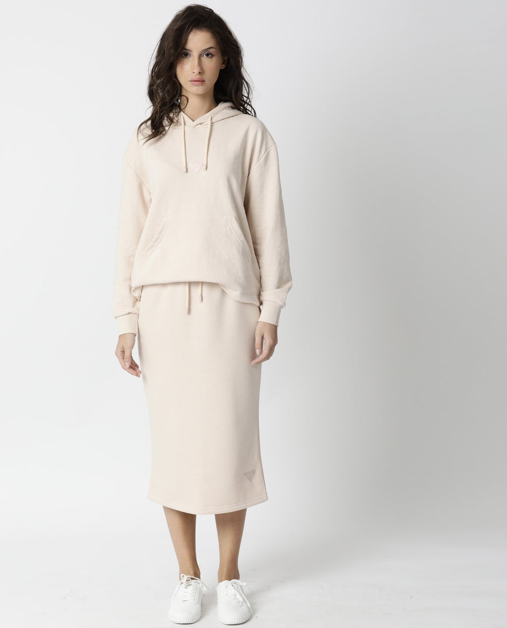 Rareism Women's Fudge Beige Polyester Blend Plain Midi Tailored Skirt