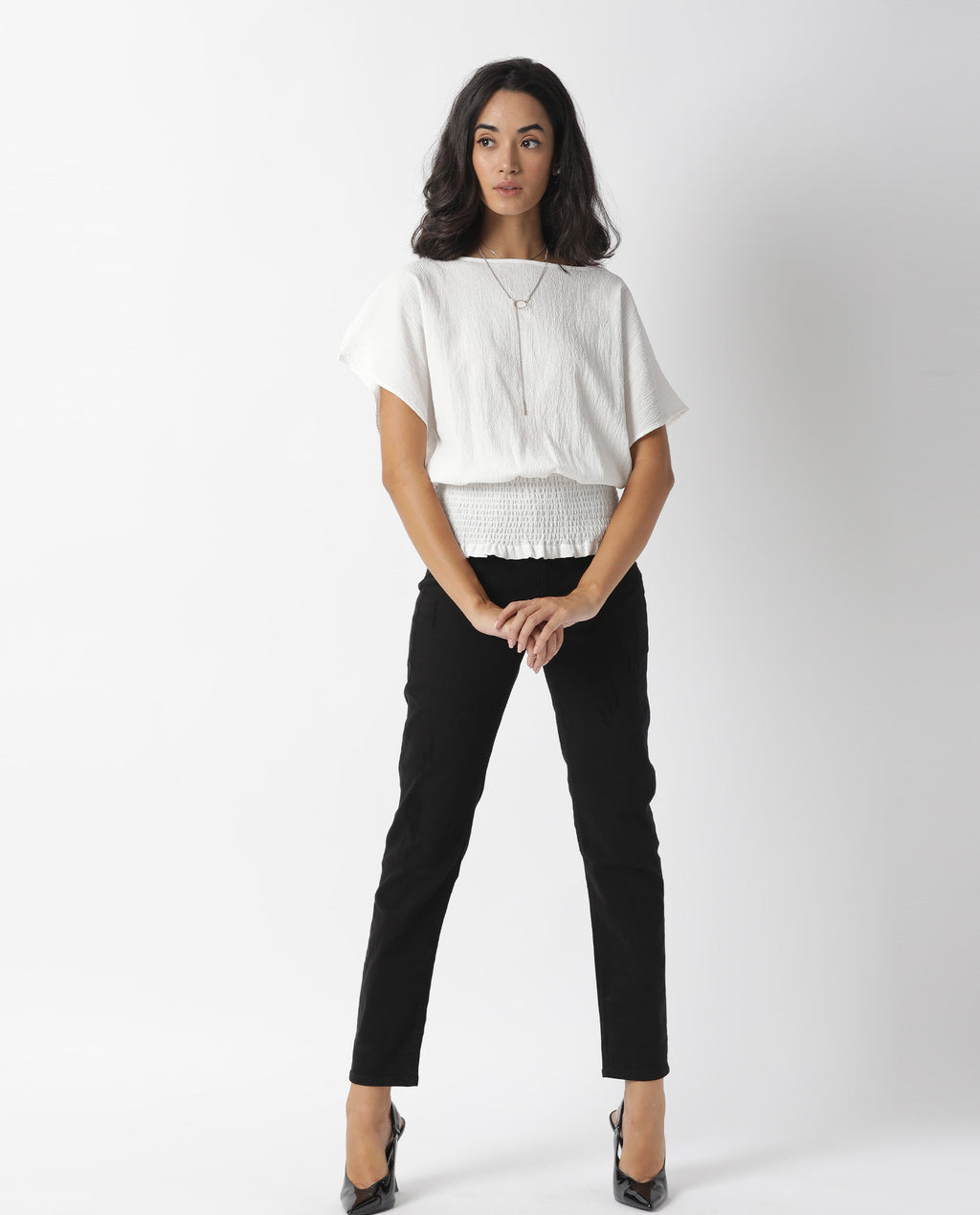 Rareism Women's Battle White Boat Neck Plain Tailored Top