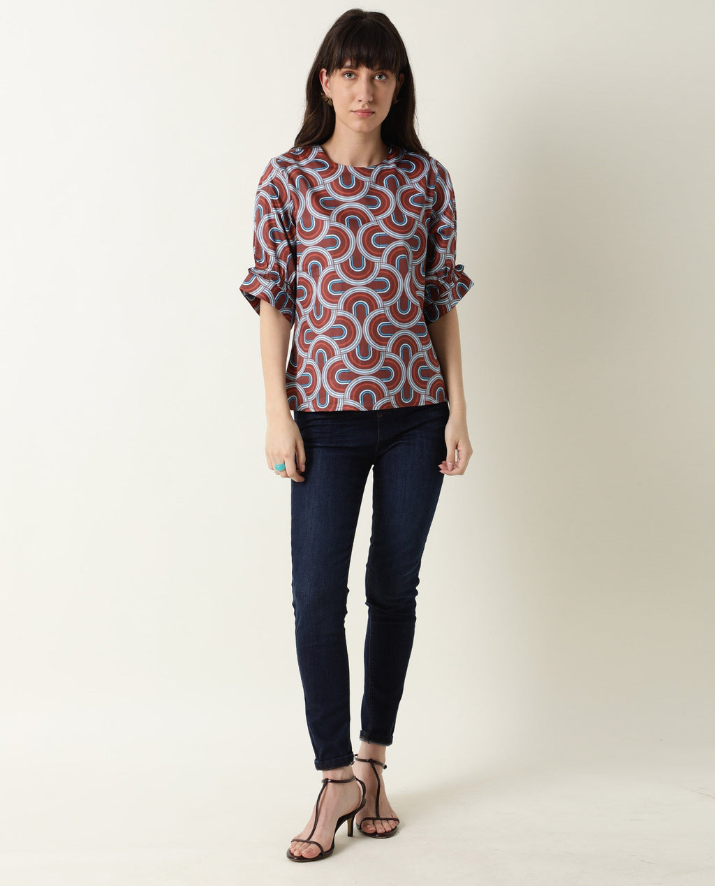 Rareism Women's Jimmi Brown Cotton Crew Neck Geometric Print Regular Fit Top