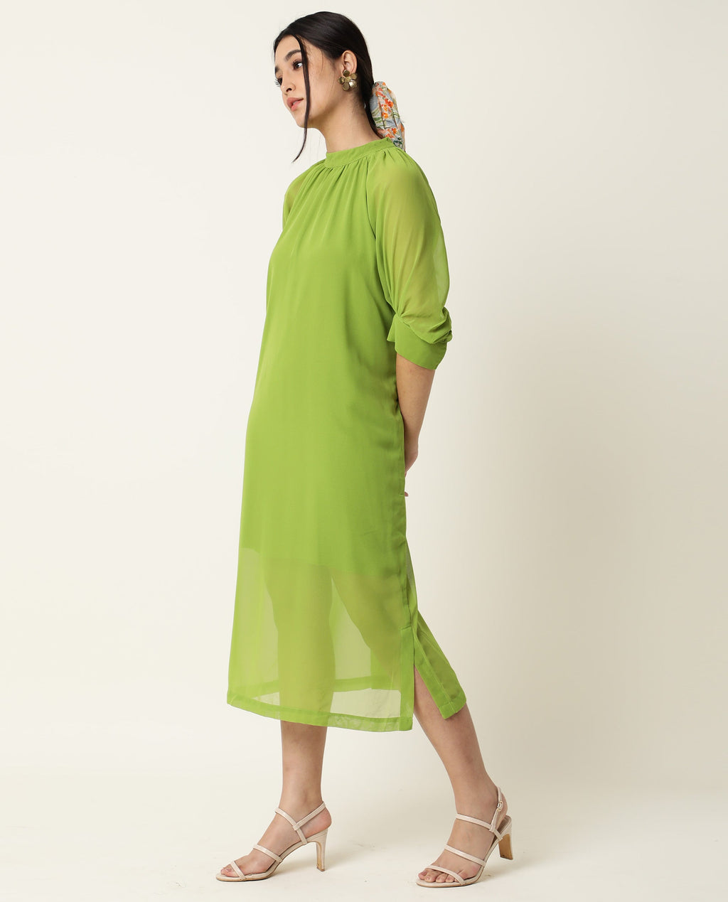 Rareism Women's Frag Green High Neck Plain Knee Length Regular Fit Dress