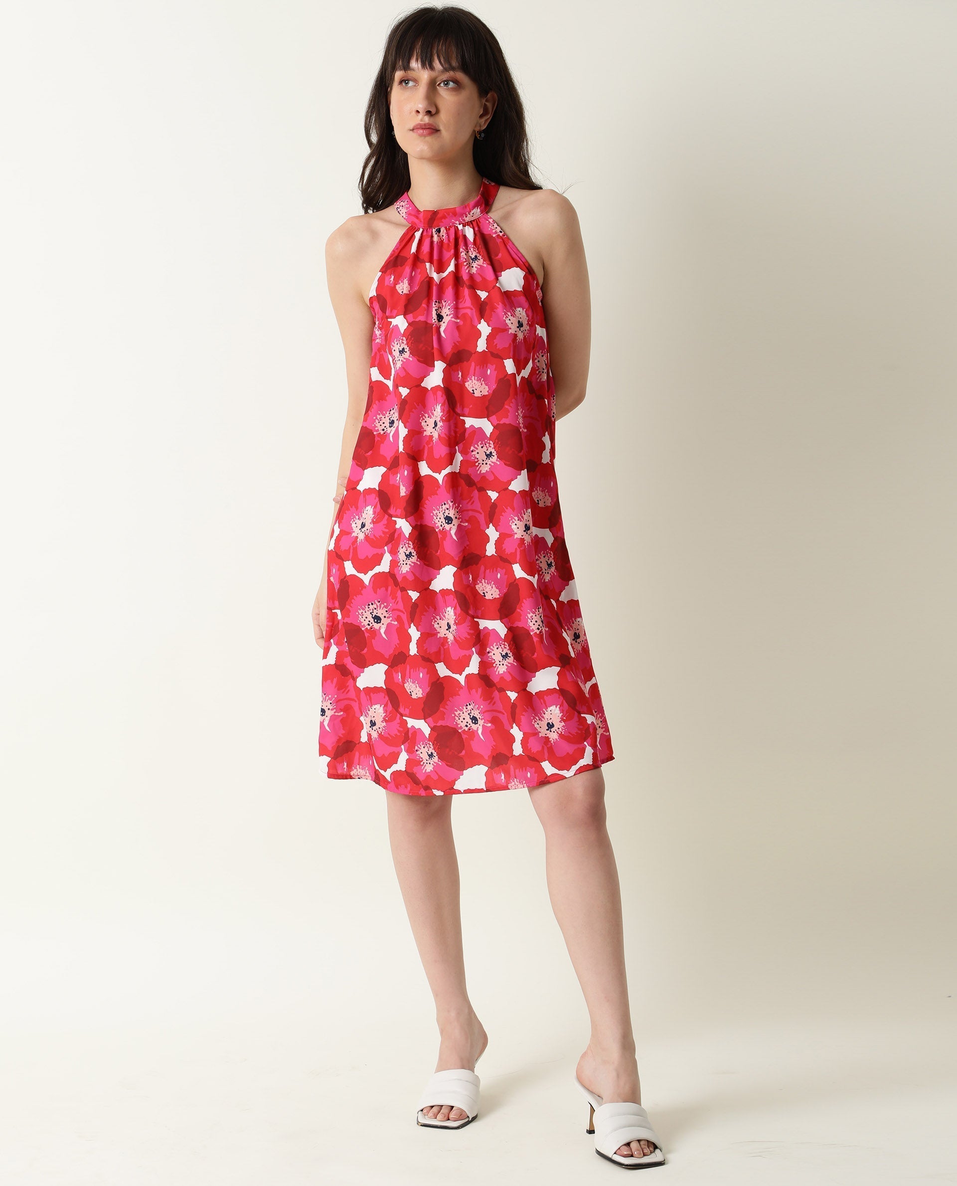 Rareism Women's Oasis Red Halter Neck Floral Print Sleeveless Knee Length Regular Fit Dress