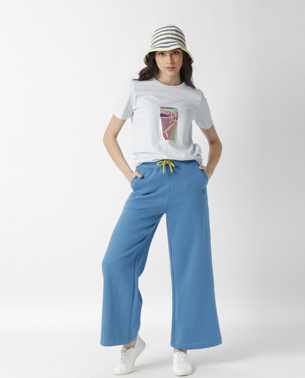 Rareism Women's Gulf Blue Cotton Crew Neck Graphic Print Regular Fit T-Shirt