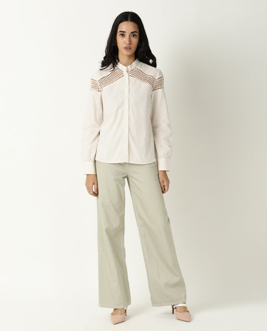 Rareism Women's Zoom Beige Cotton Mandarin Collar Plain Regular Fit Top