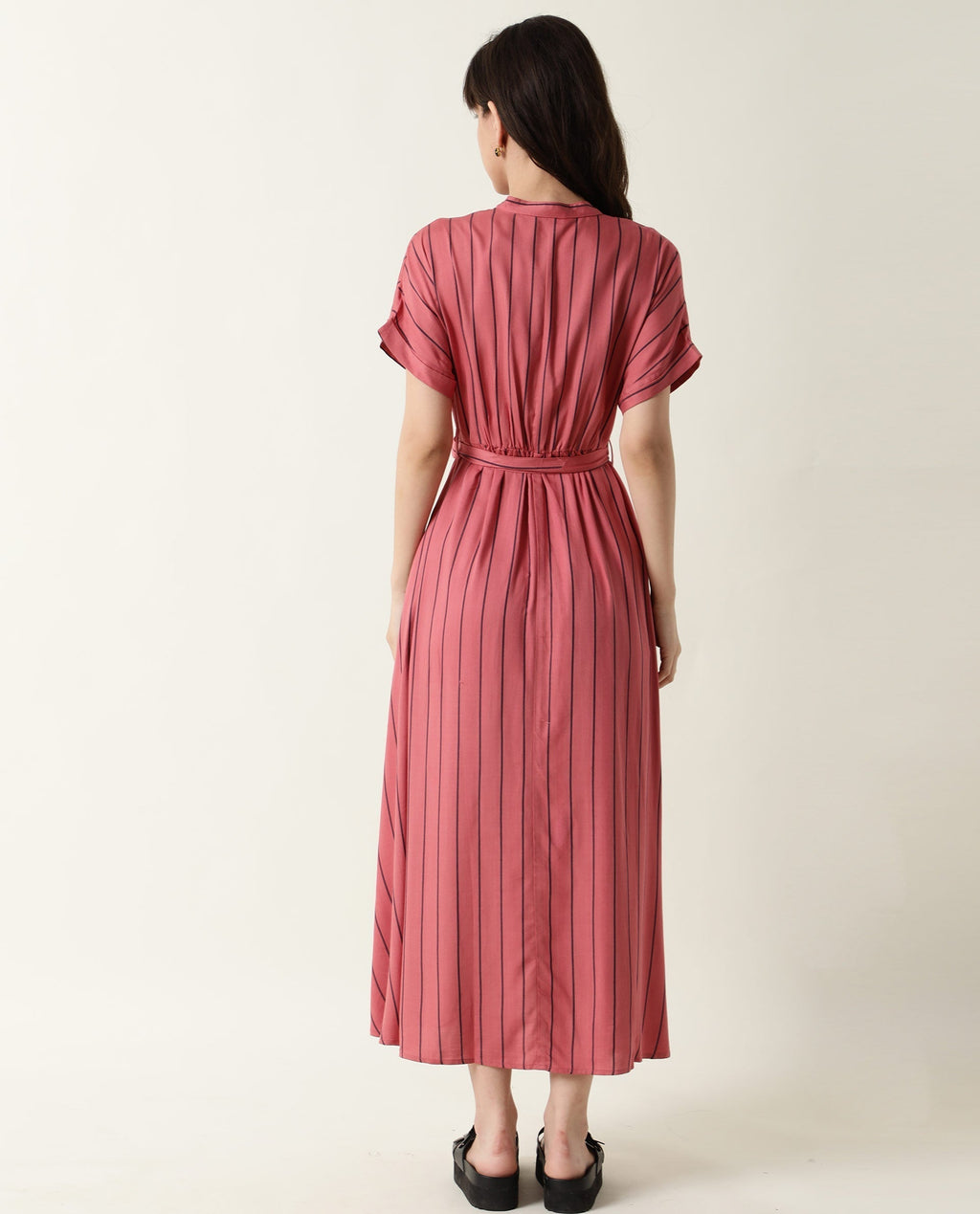 Rareism Women's Tudor Pink Mandarin Collar Striped Knee Length Relaxed Fit Dress