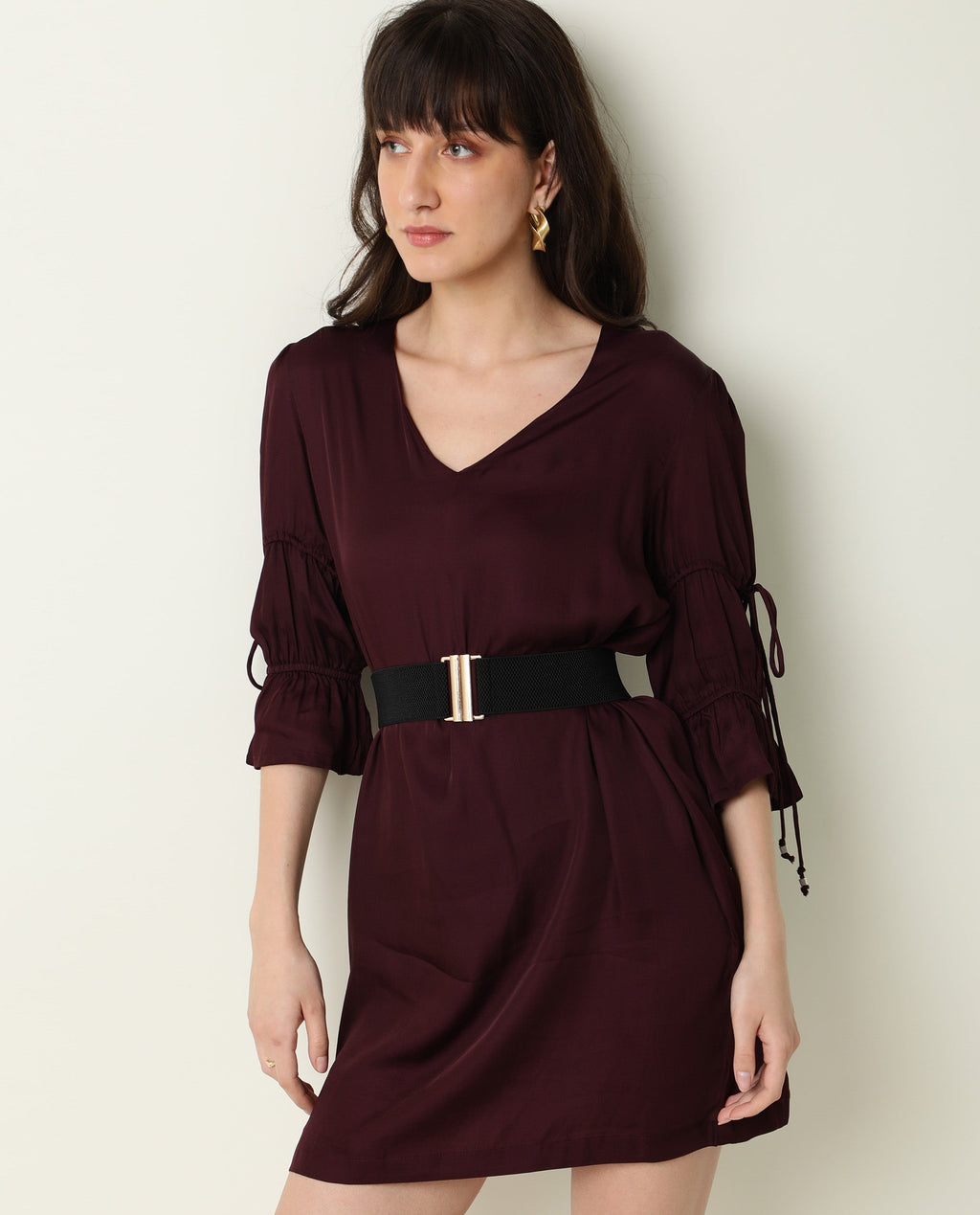 Rareism Women's Jamm Maroon V-Neck Plain Knee Length Regular Fit Dress