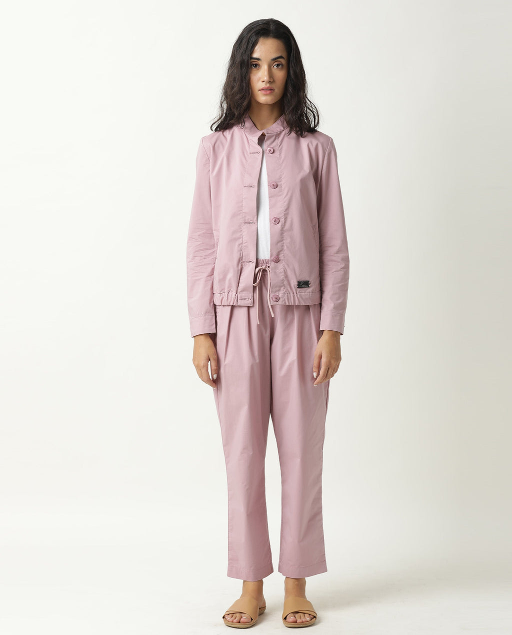 Rareism Women's Aomori Pink Polyester Blend Mandarin Collar Plain Regular Fit Jacket