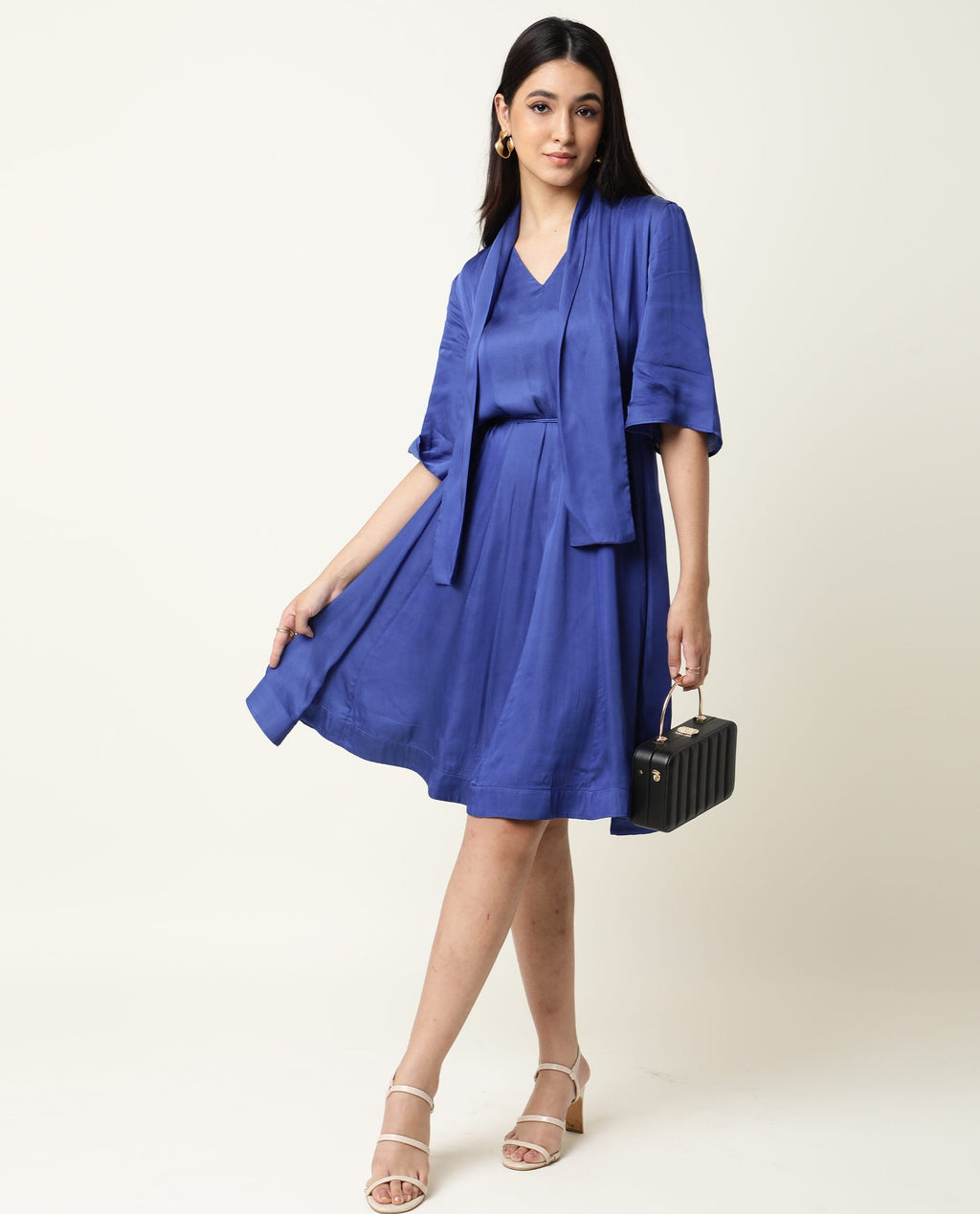 Rareism Women's Yeme Blue V-Neck Plain Flared Sleeve Knee Length Regular Fit Dress