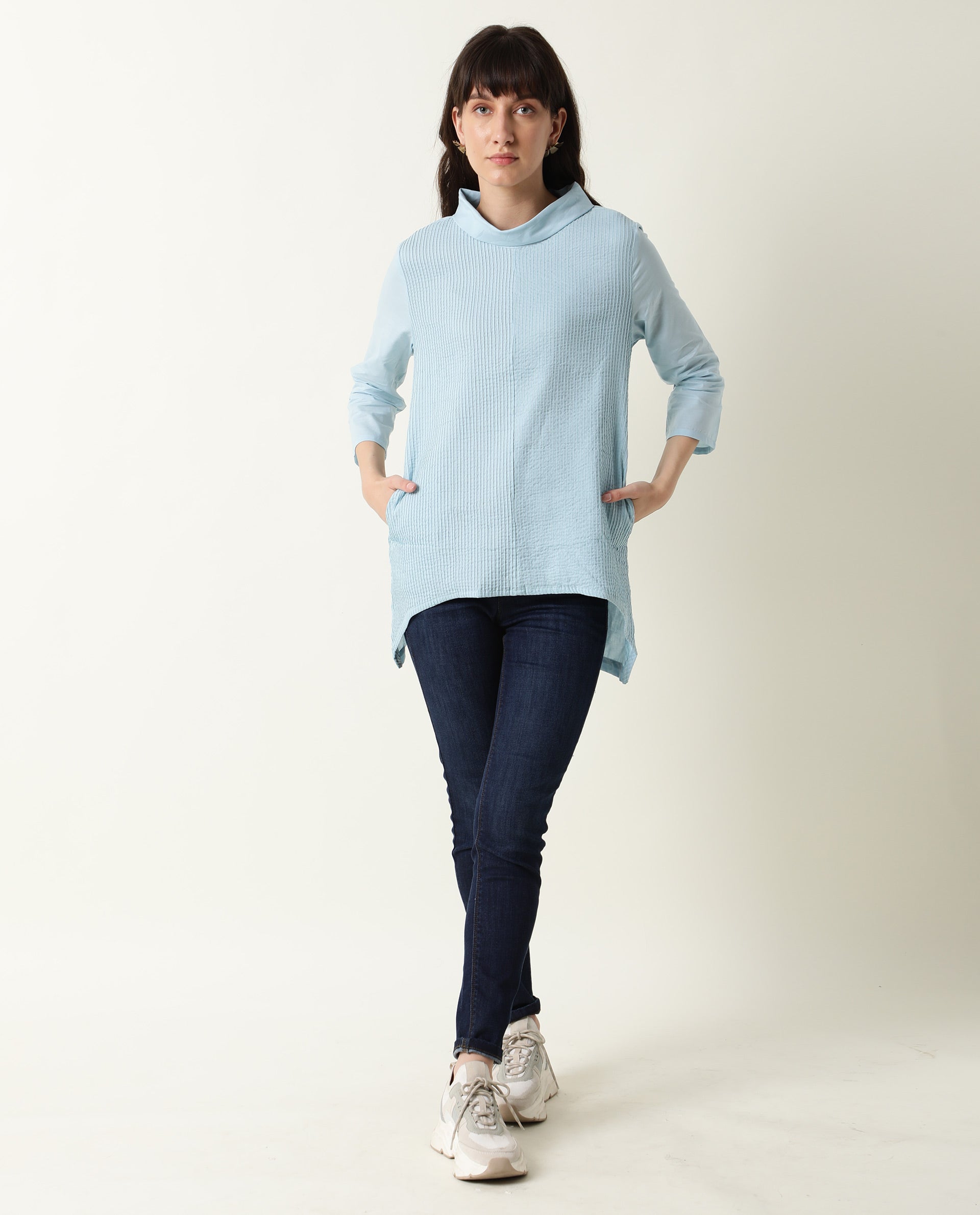 Rareism Women's Printol Blue Cotton Turtle Neck Plain Regular Fit Top