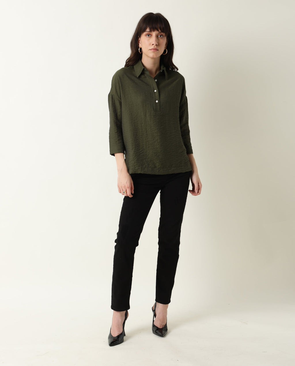 Rareism Women's Velyn Dark Green Polyester Spread Collar Textured Cuffed Sleeve Relaxed Fit Top
