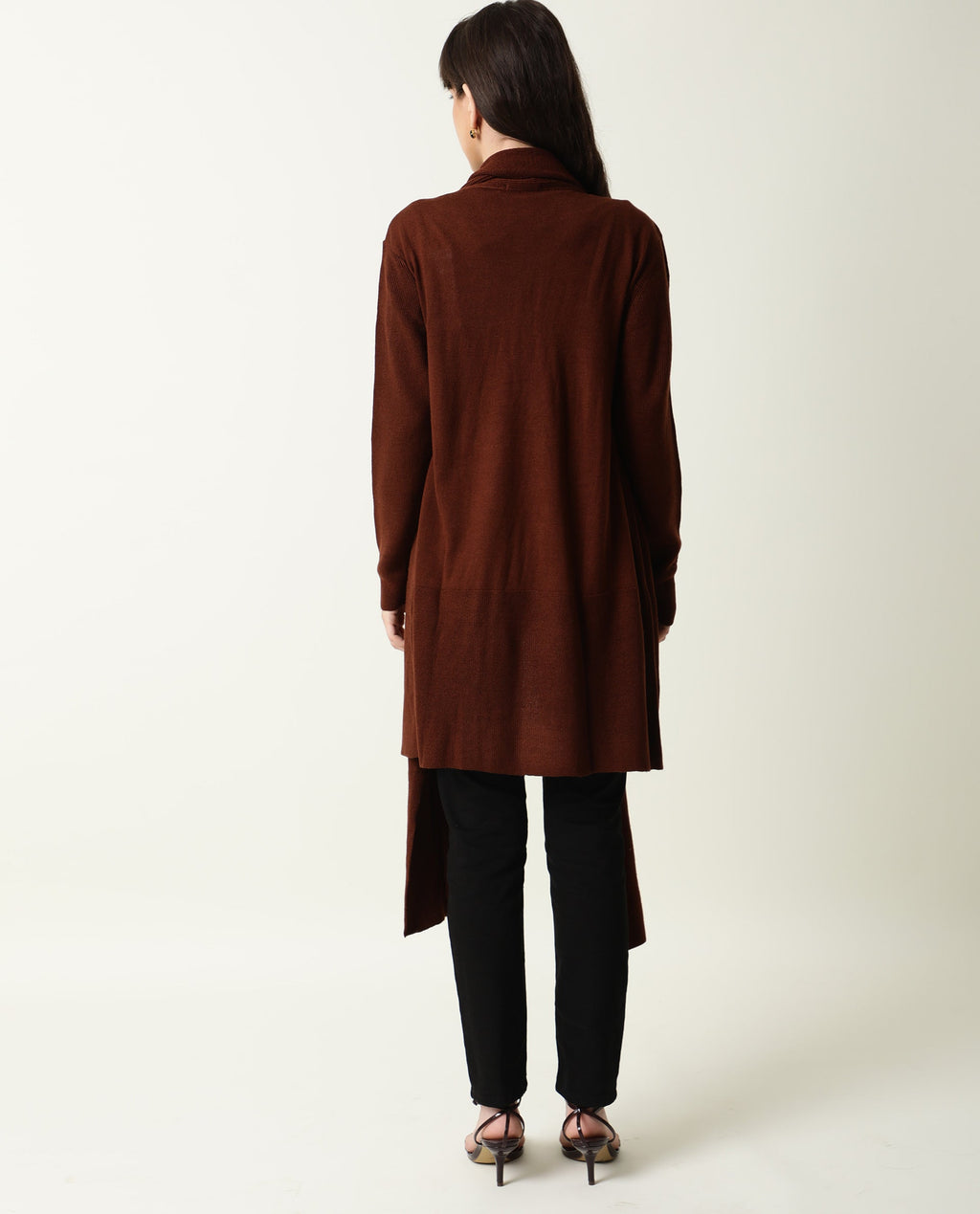 Rareism Women's Flap Brown Acrylic Collarless Plain Knee Length Regular Fit Sweater