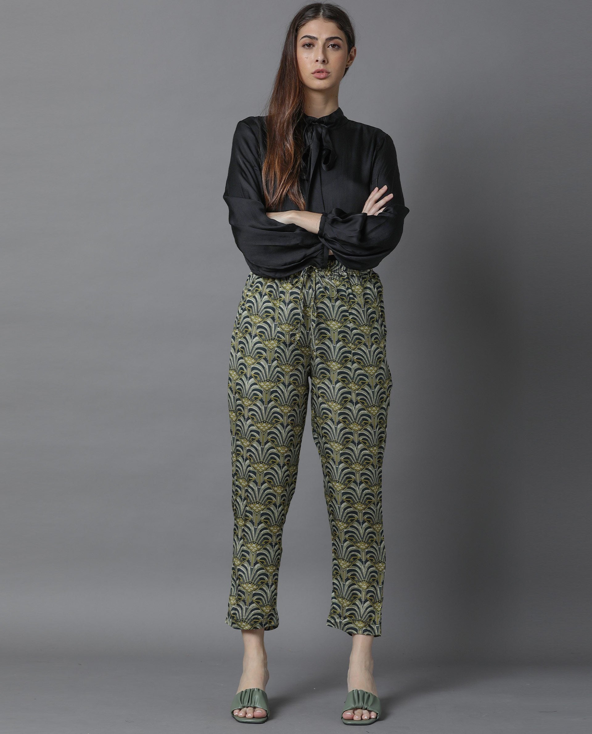 Rareism Women's Globe Green Modal Abstract Print Ankle Length Regular Fit Trouser