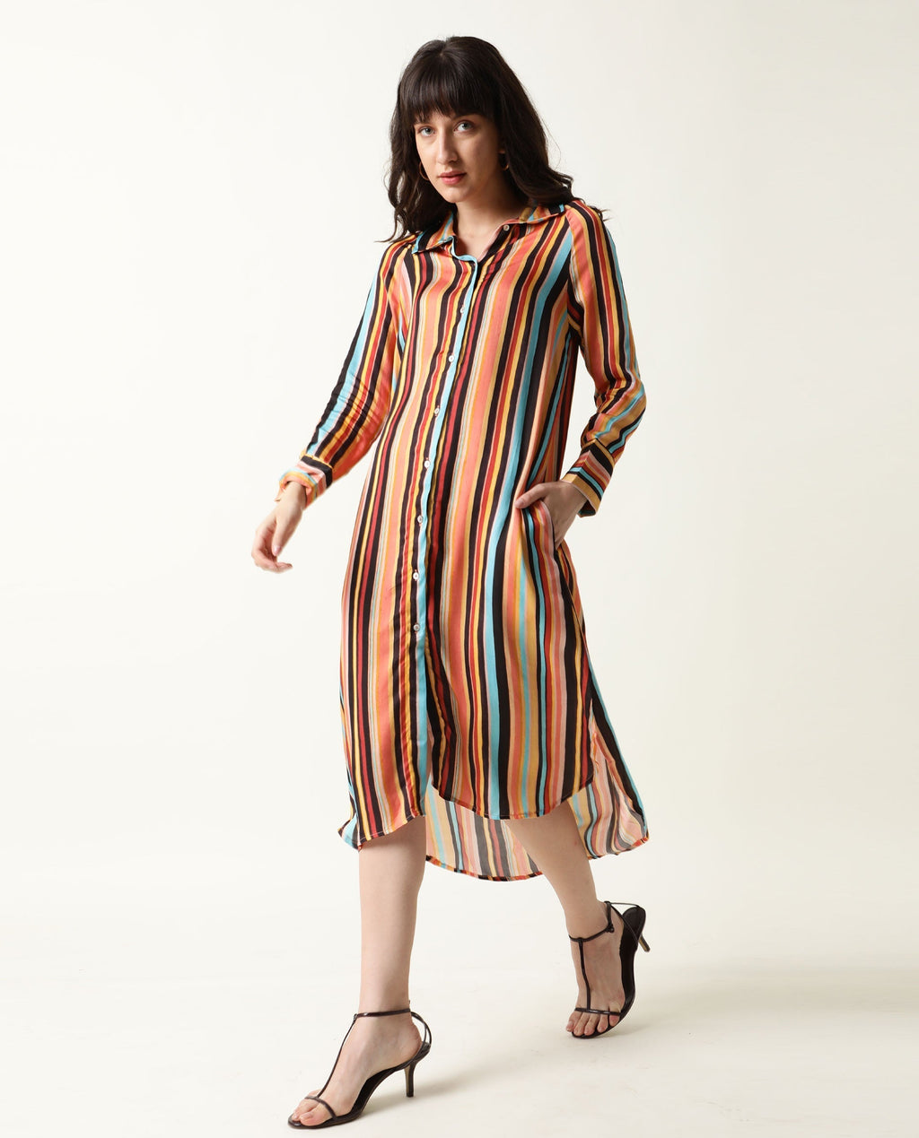Rareism Women's Mathers Brown Spread Collar Striped Knee Length Regular Fit Dress