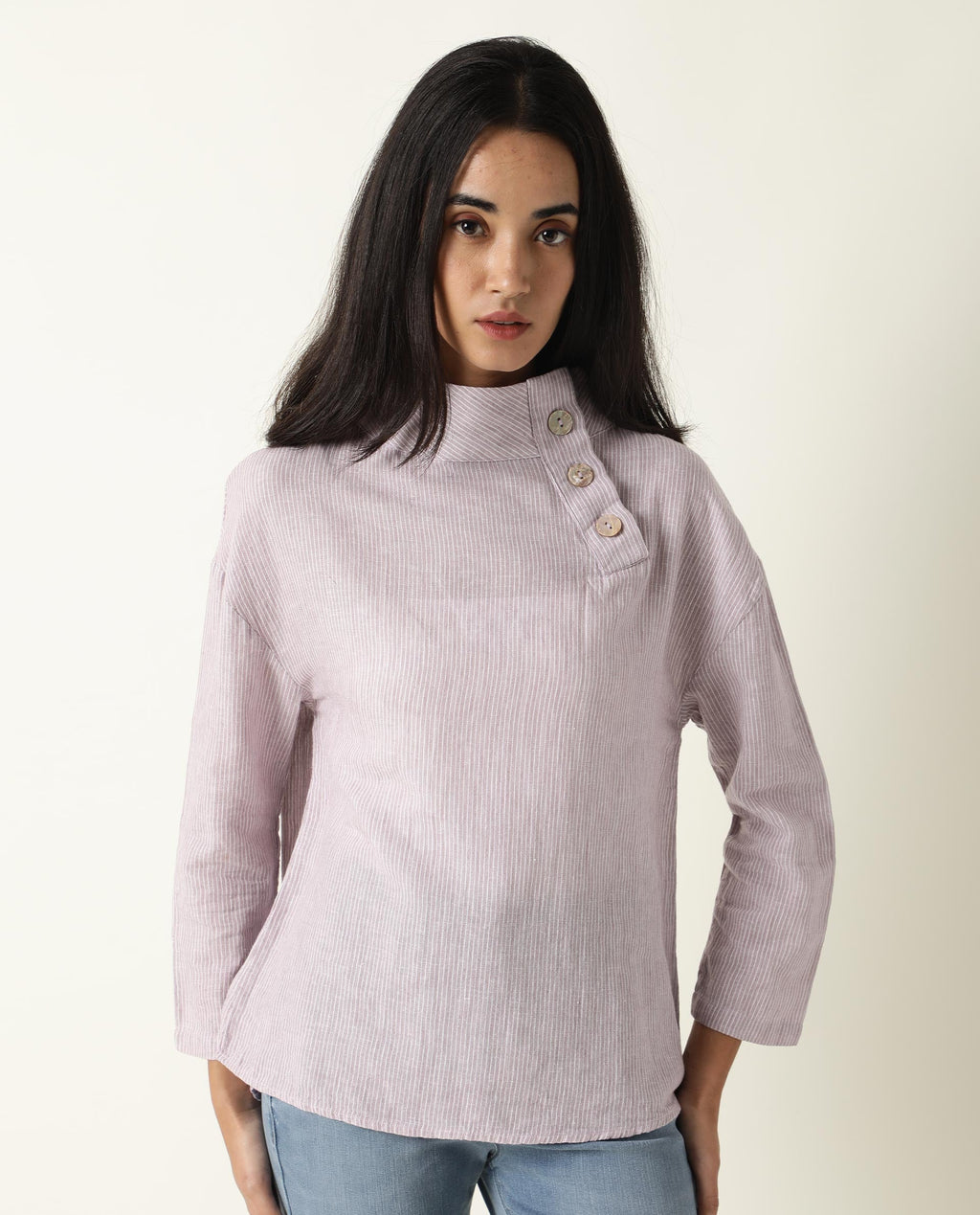 Rareism Women's Mute Purple Linen High Neck Plain Regular Fit Top