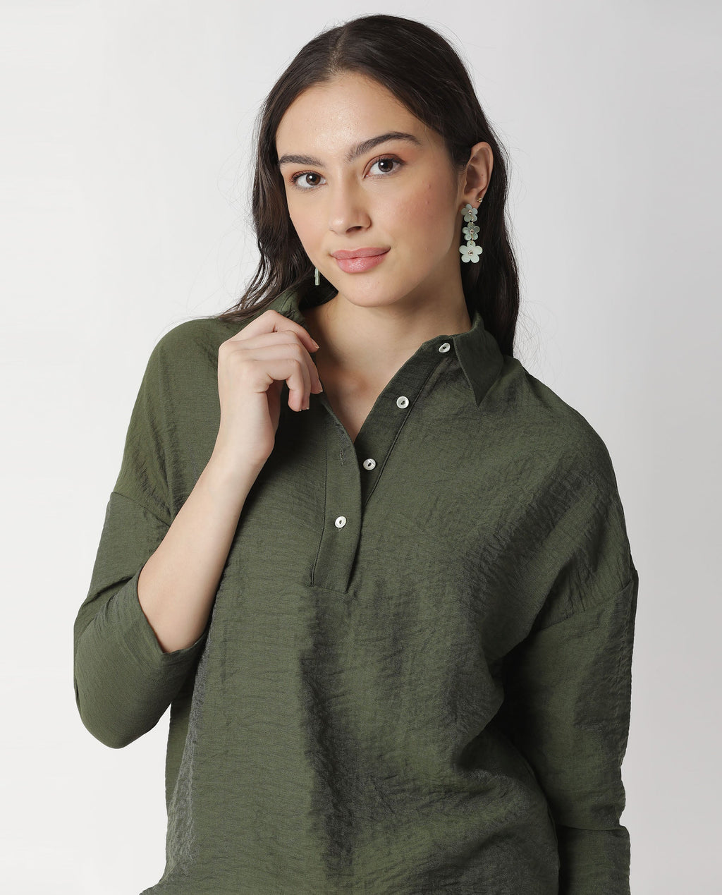 Rareism Women's Velyn Dark Green Polyester Spread Collar Textured Cuffed Sleeve Relaxed Fit Top