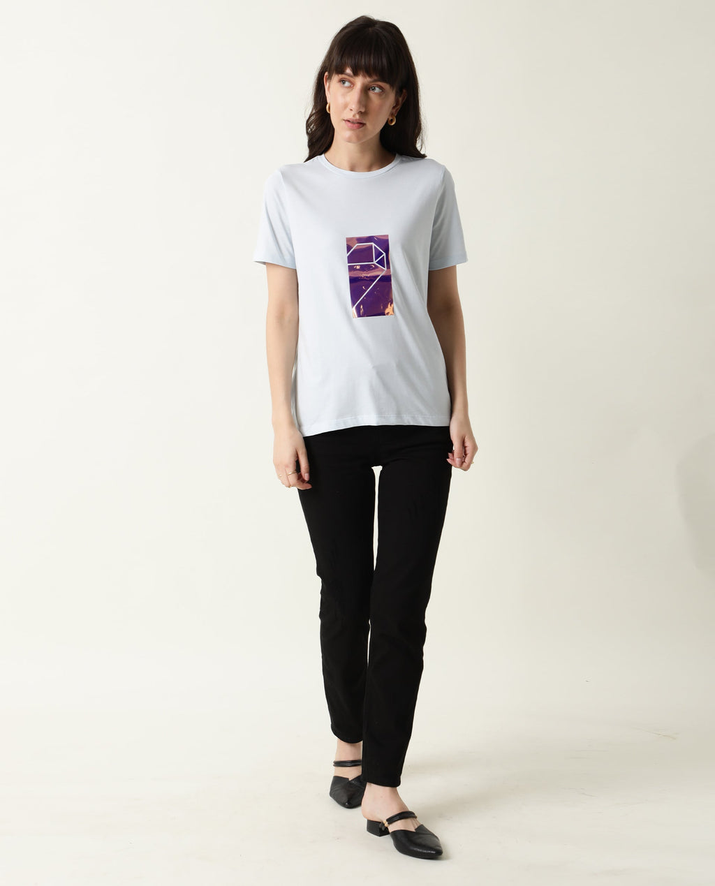 Rareism Women's Gulf Blue Cotton Crew Neck Graphic Print Regular Fit T-Shirt