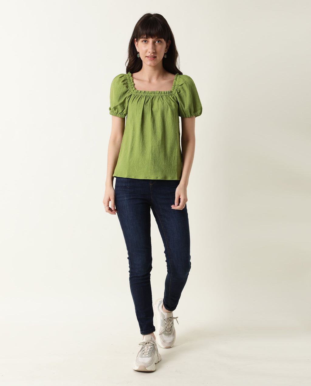 Rareism Women's Swag Green Cotton Blend Square Neck Plain Tailored Top
