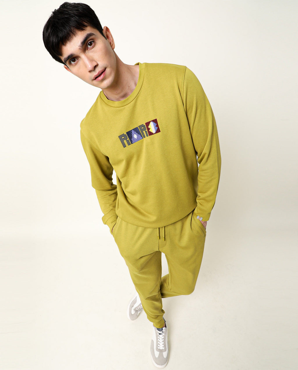 Rare Rabbit Men's Martis Olive Cotton Embroidered Regular Fit Full Sleeve Crew Neck Sweatshirt
