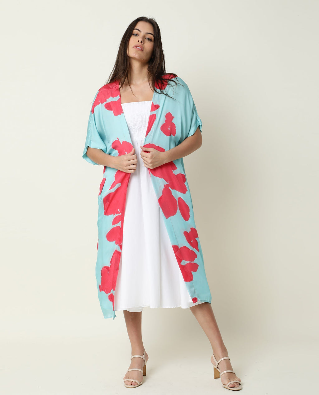 Rareism Women's Petunia Navy Collarless Floral Print Knee Length Relaxed Fit Shrug