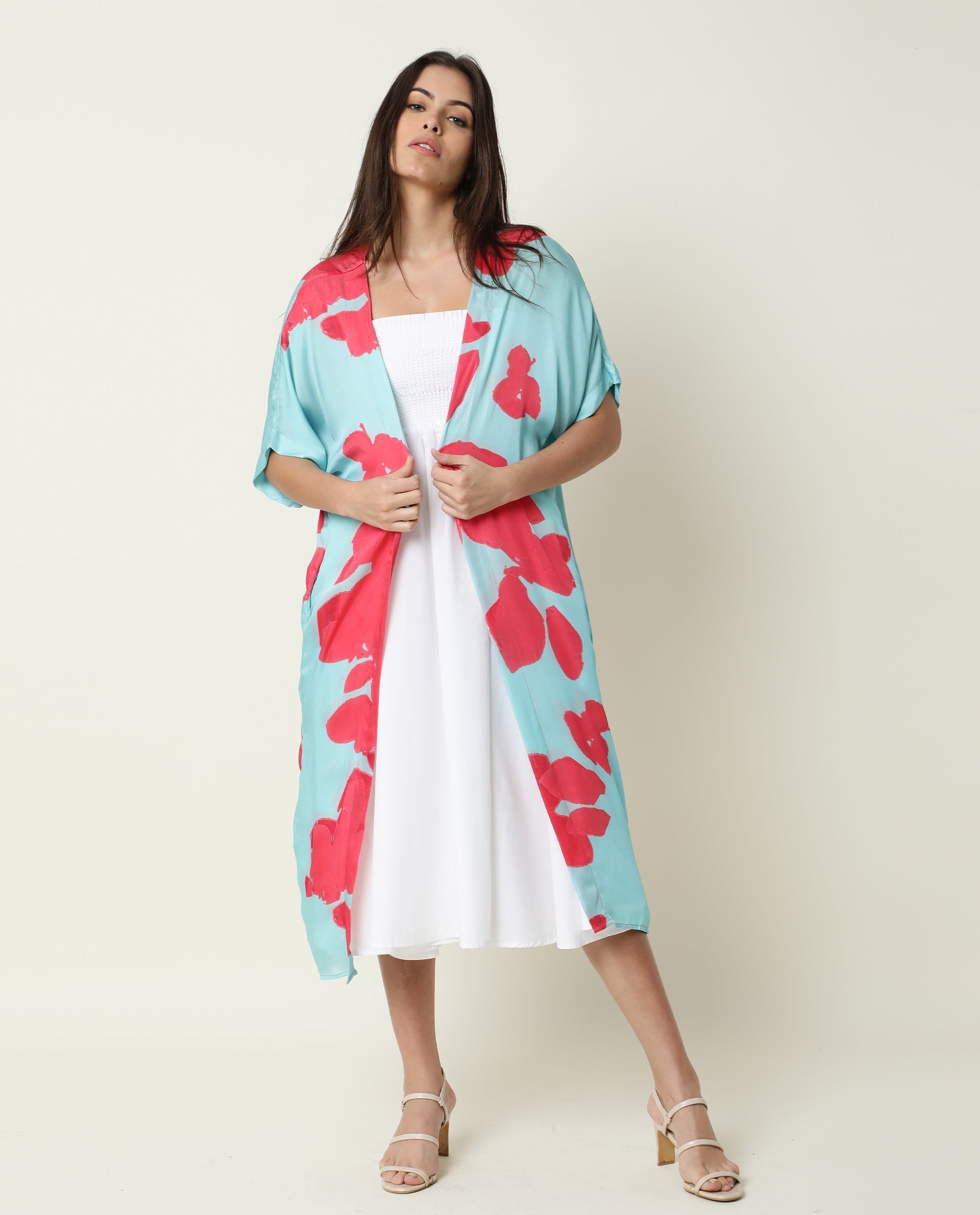 Rareism Women's Petunia Navy Collarless Floral Print Knee Length Relaxed Fit Shrug