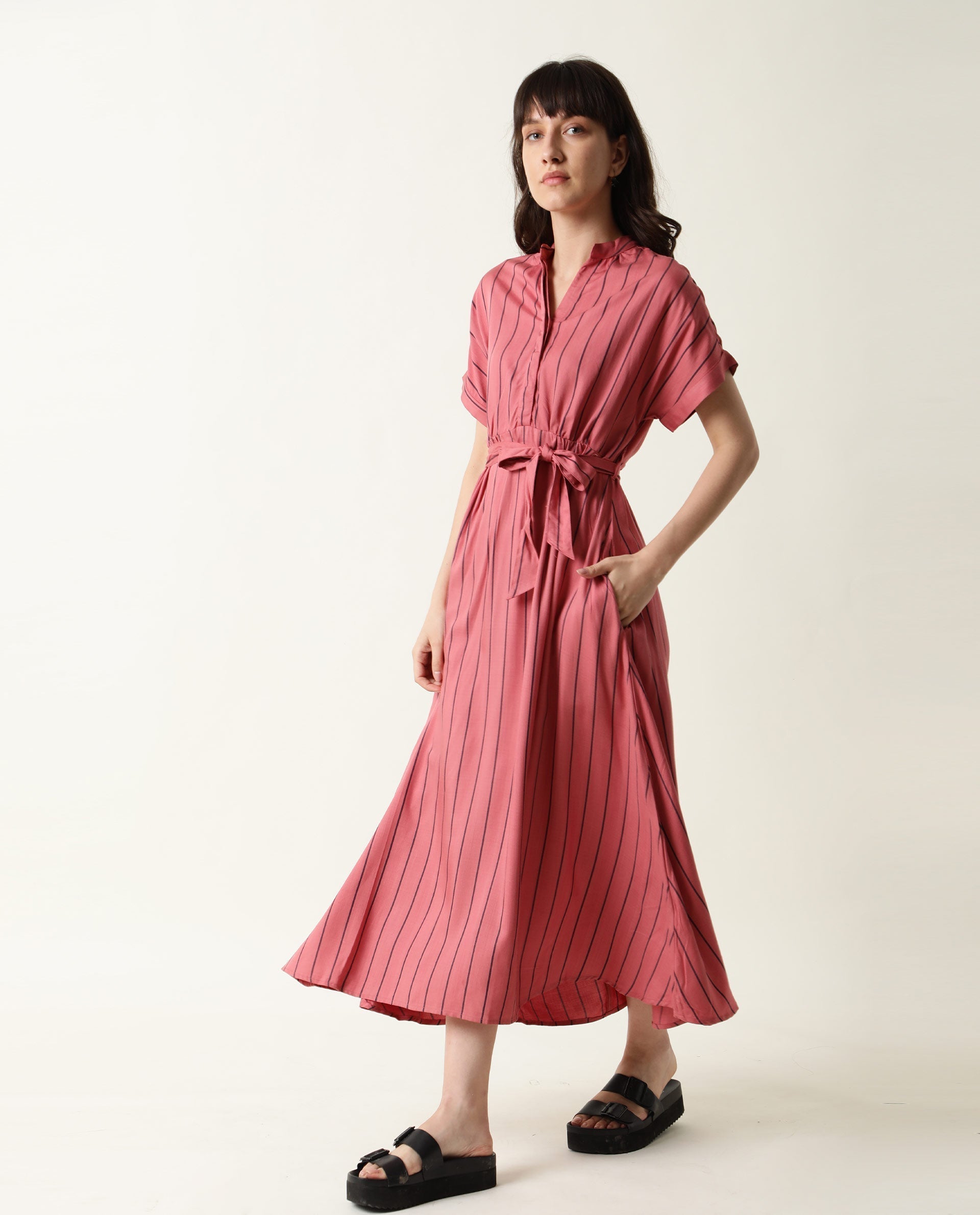 Rareism Women's Tudor Pink Mandarin Collar Striped Knee Length Relaxed Fit Dress