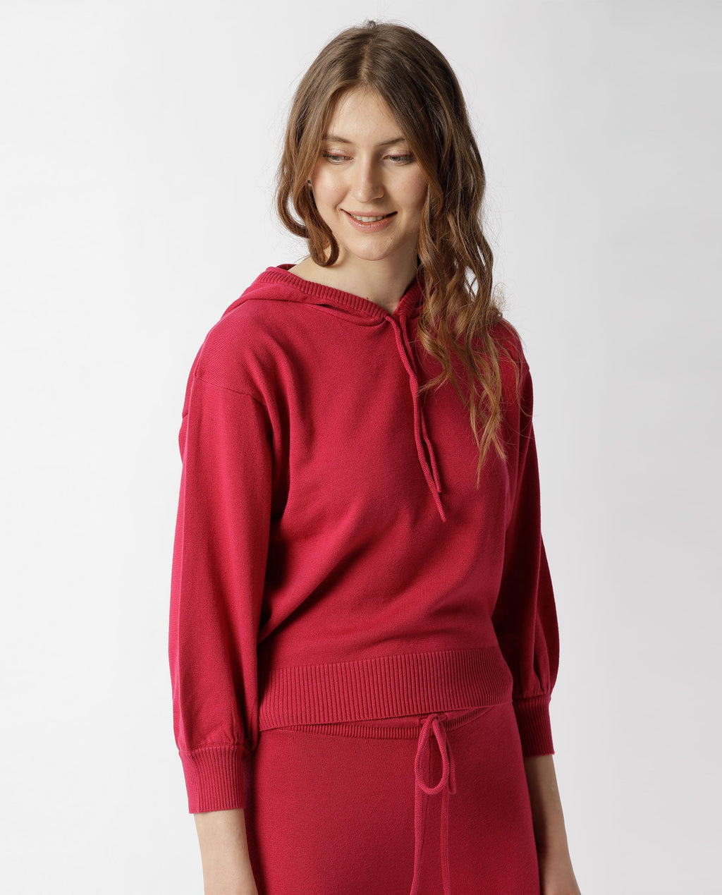 Rareism Women's Finn Sweat Dark Pink Cotton Hooded Plain Relaxed Fit Sweater