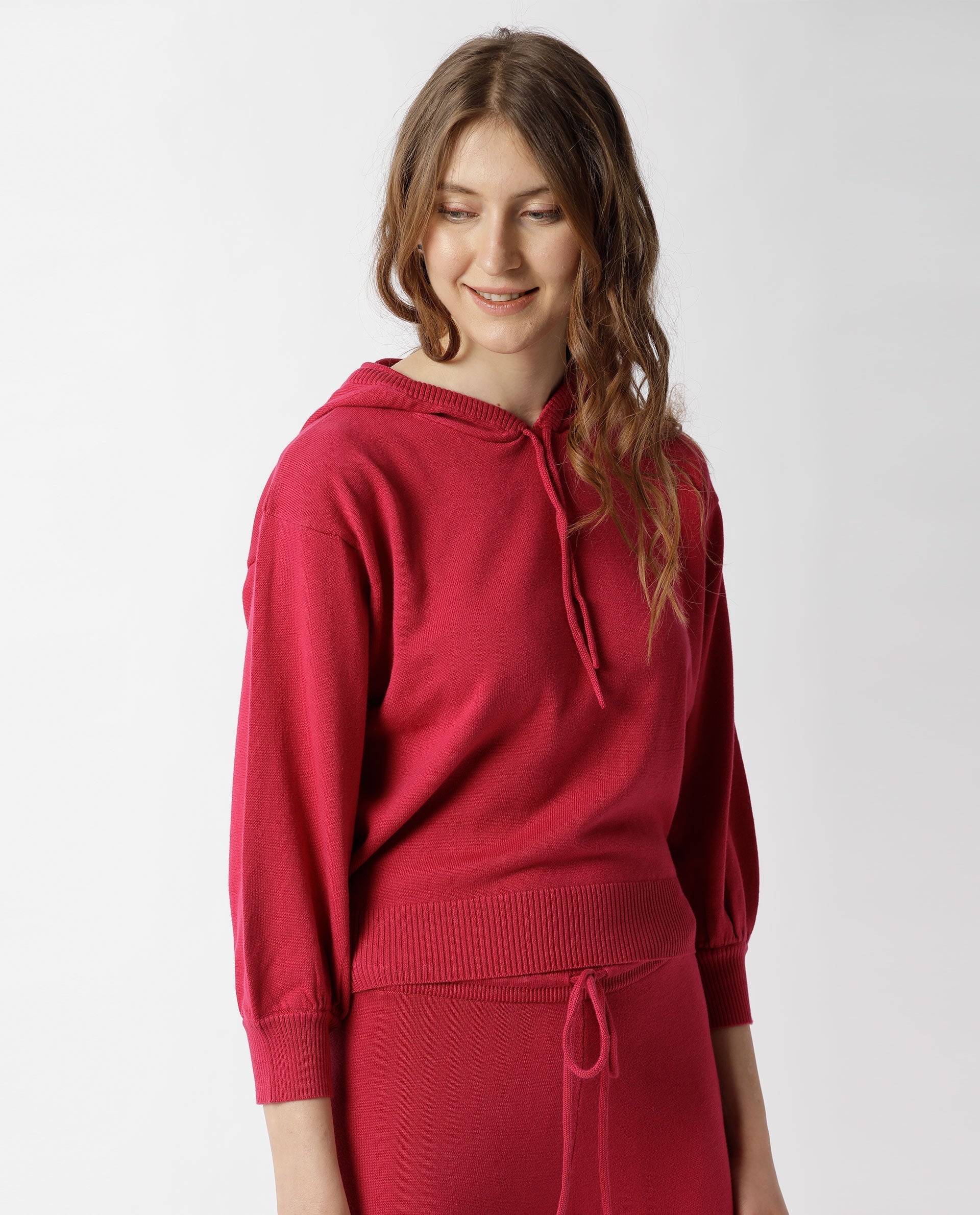 Rareism Women's Finn Sweat Dark Pink Cotton Hooded Plain Relaxed Fit Sweater