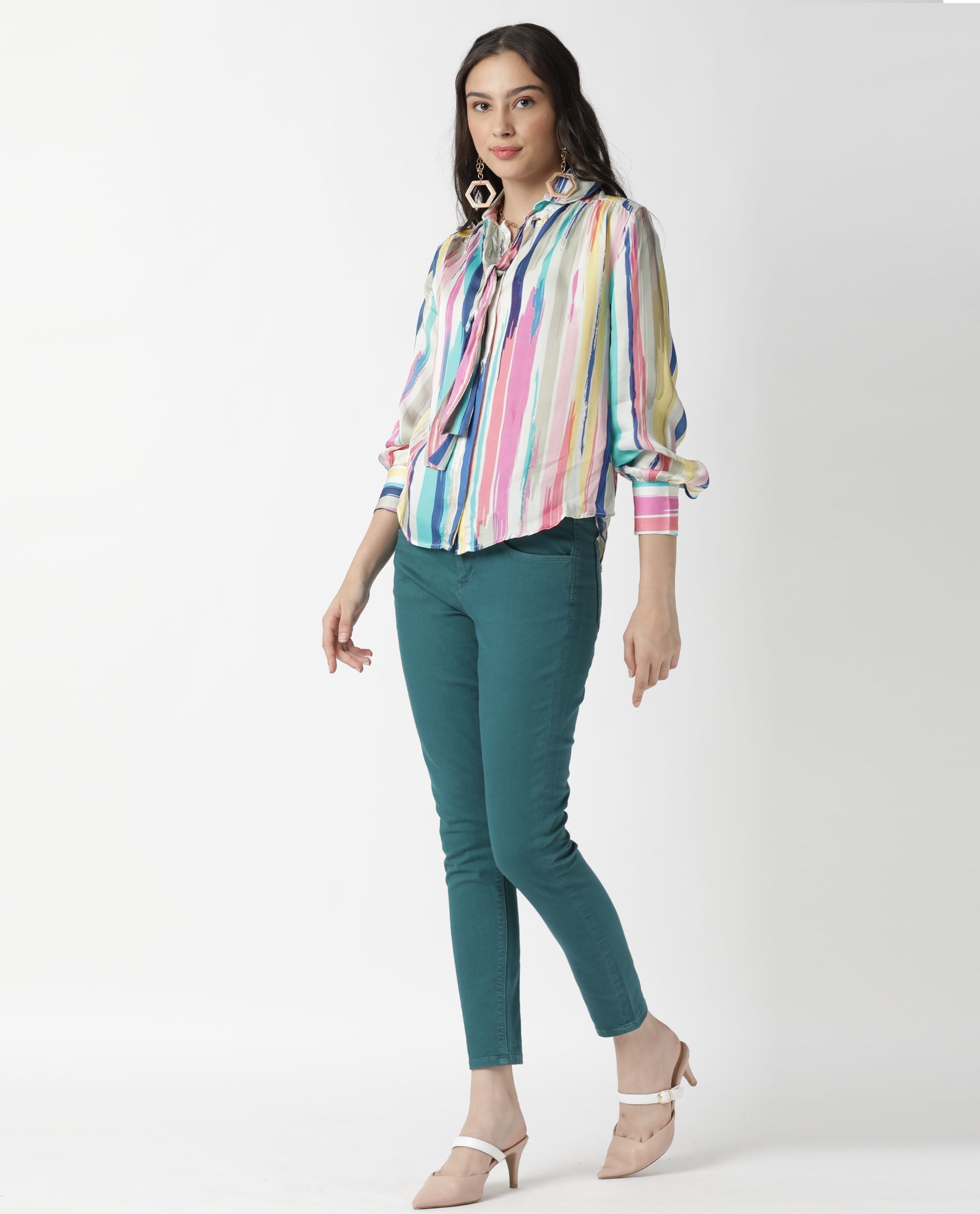 Rareism Womens Mingo Multi Top Modal Satin Fabric Regular Fit Volume Sleeve Tie Up