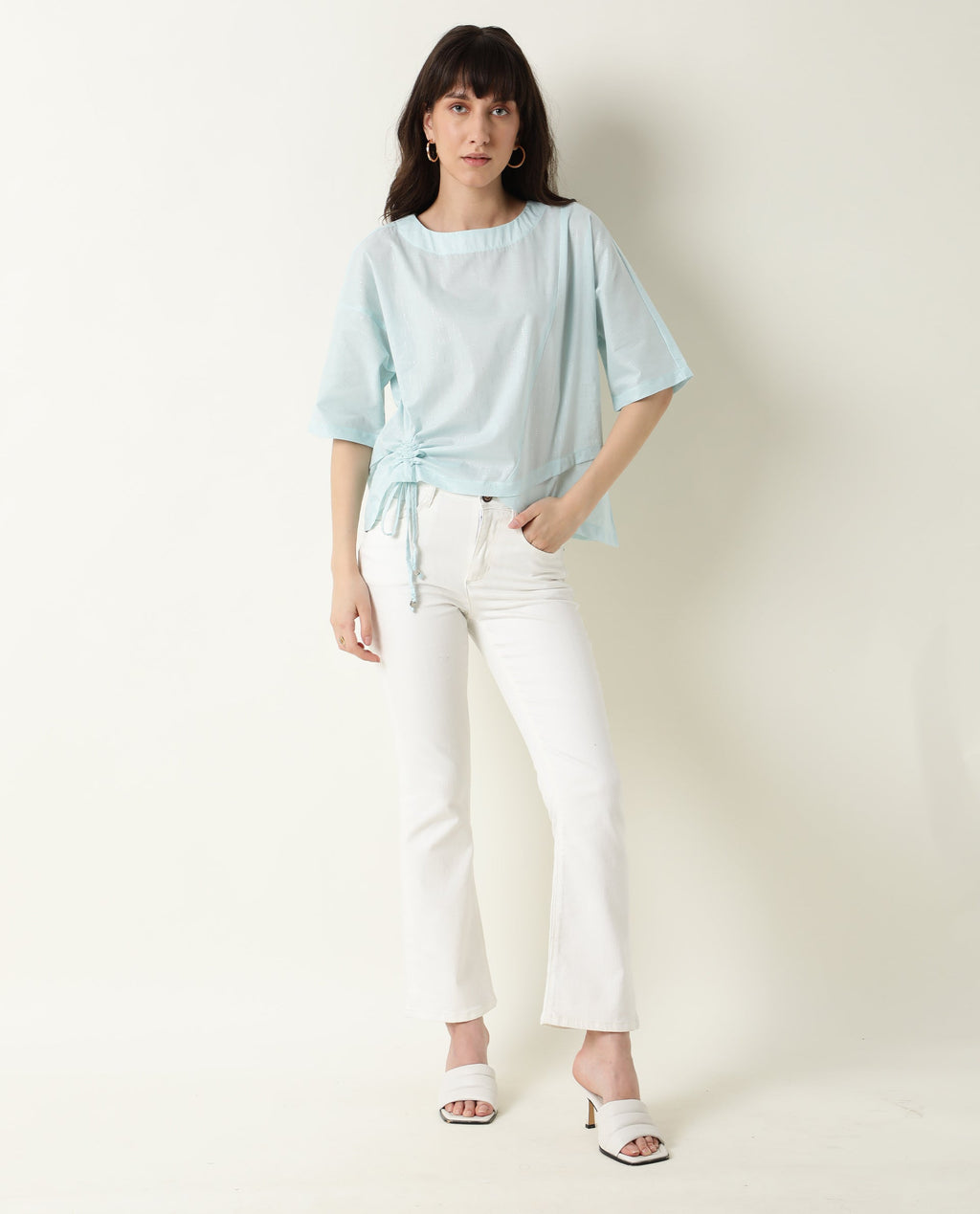 Rareism Women's Xerox Turq Cotton Boat Neck Plain Regular Fit Top