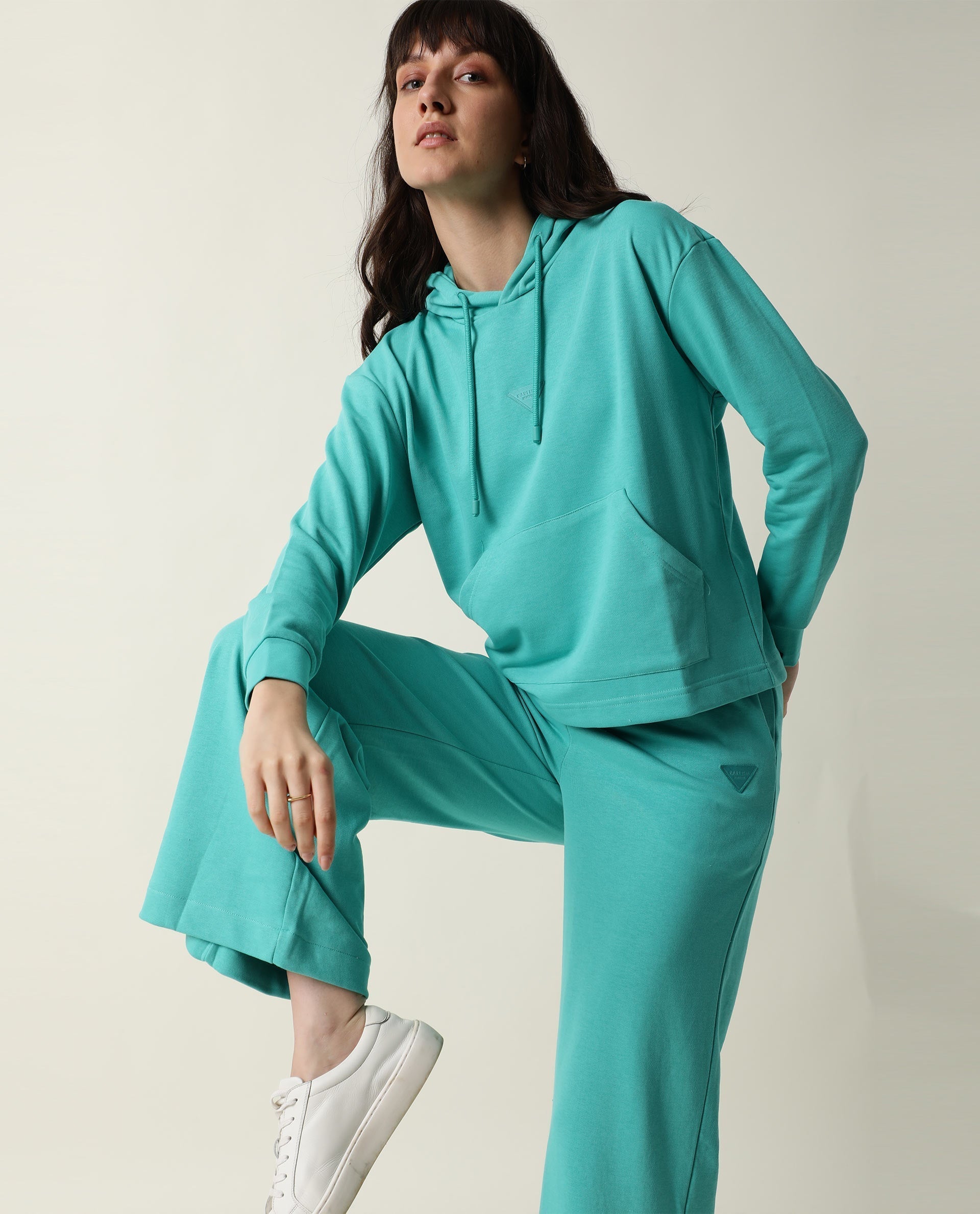 Rareism Women's Wally-1 Turq Cotton Blend Hooded Plain Relaxed Fit Sweatshirt