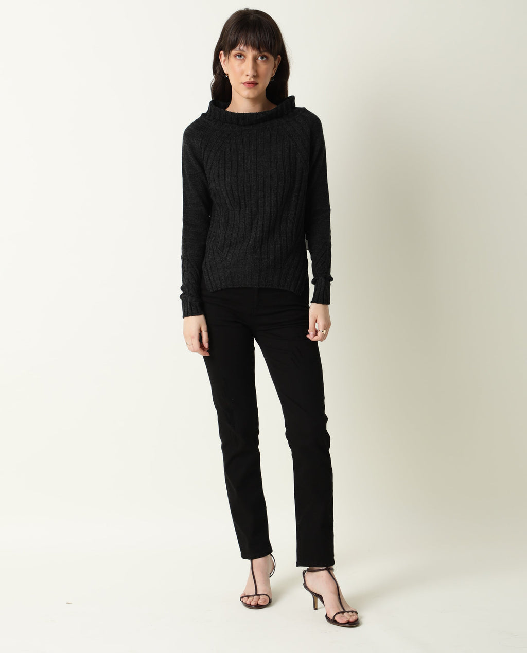 Rareism Women's Halo Black Acrylic High Neck Plain Regular Fit Sweater