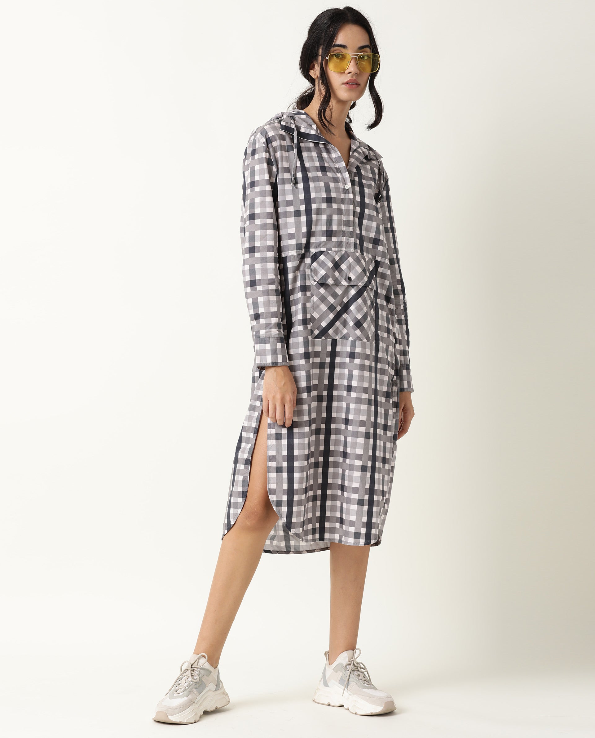 Rareism Women's Loreal Grey Hooded Checked Knee Length Regular Fit Dress
