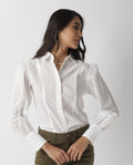 Rareism Women's Camelo White Cotton Spread Collar Plain Regular Fit Top