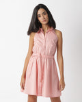 Rareism Women's Bessie Peach Spread Collar Plain Sleeveless Knee Length Regular Fit Dress