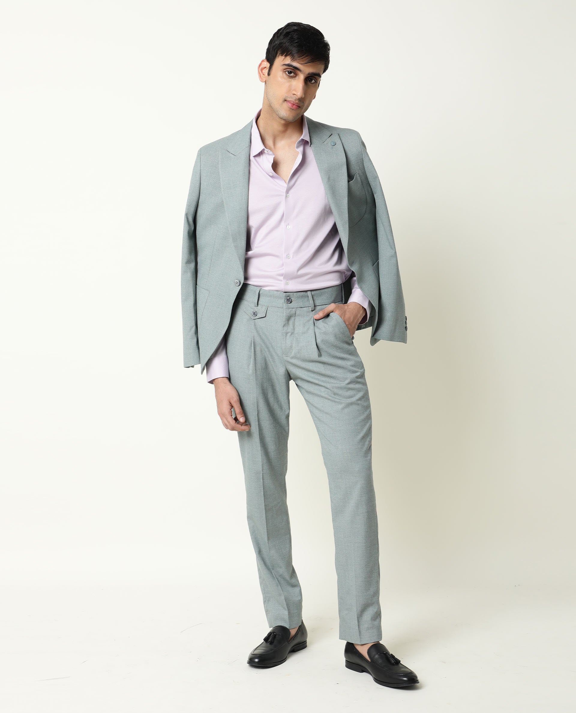 Rare Rabbit Men's Dexit Green Polyester Plain Tailored Fit Full Sleeve Lapel Neck Blazer