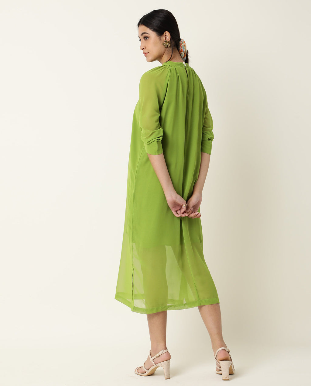 Rareism Women's Frag Green High Neck Plain Knee Length Regular Fit Dress