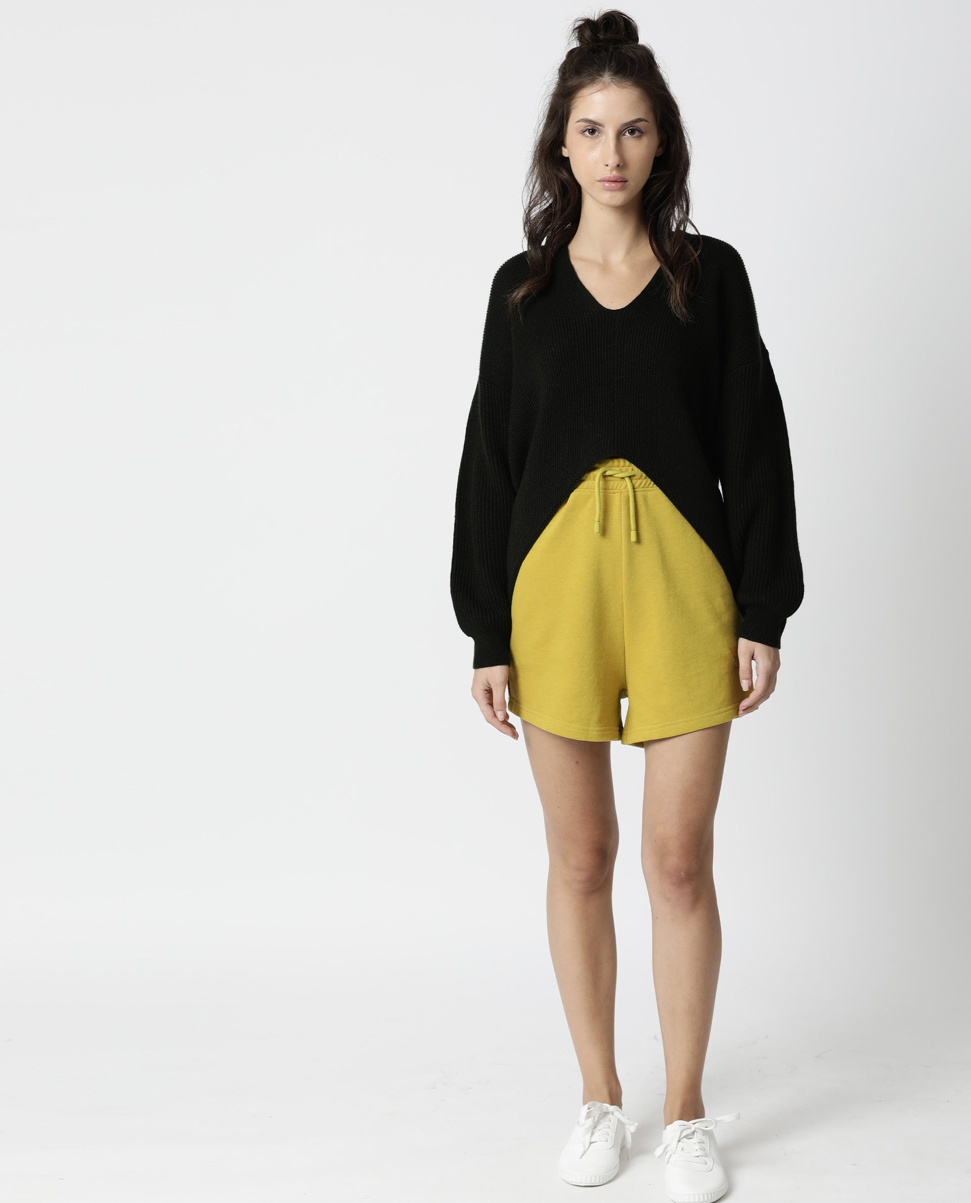 Rareism Women's Spence-1 Yellow Polyester Blend Plain Mini Regular Fit Shorts
