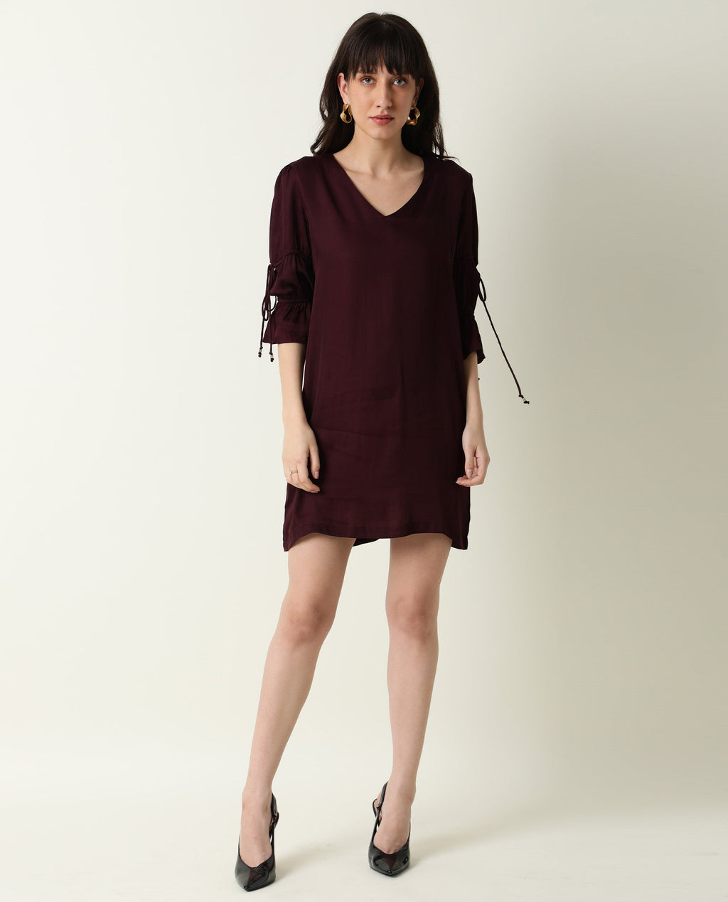 Rareism Women's Jamm Maroon V-Neck Plain Knee Length Regular Fit Dress